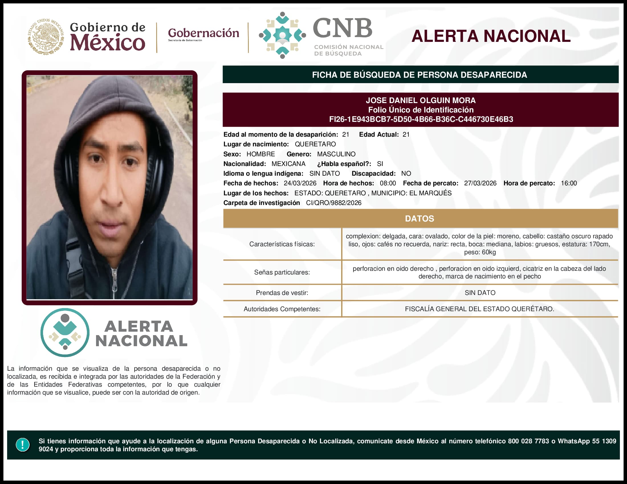 Persona desaparecida Jose Daniel Olguin Mora
