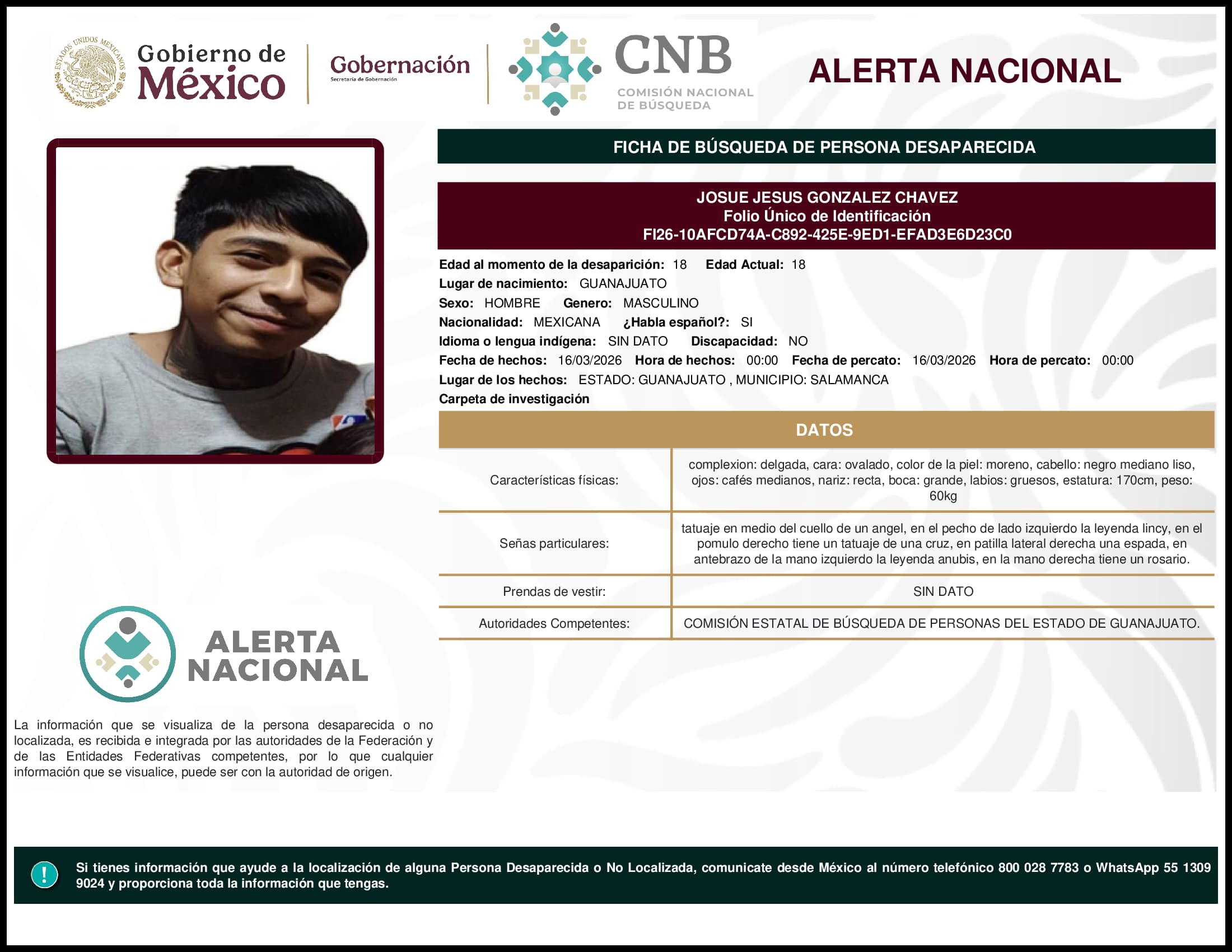 Persona desaparecida Josue Jesus Gonzalez Chavez