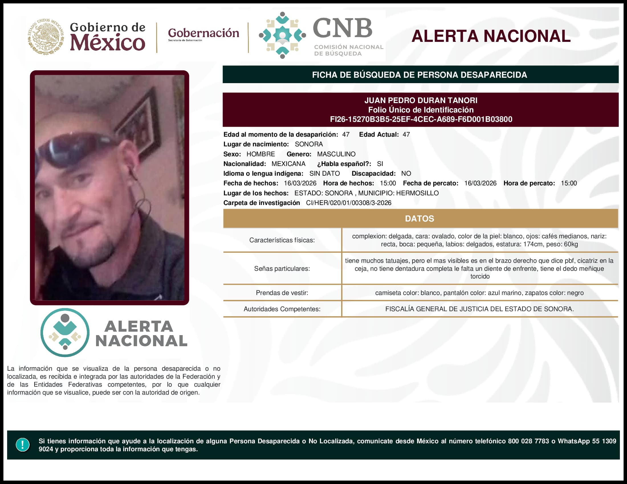 Persona desaparecida Juan Pedro Duran Tanori