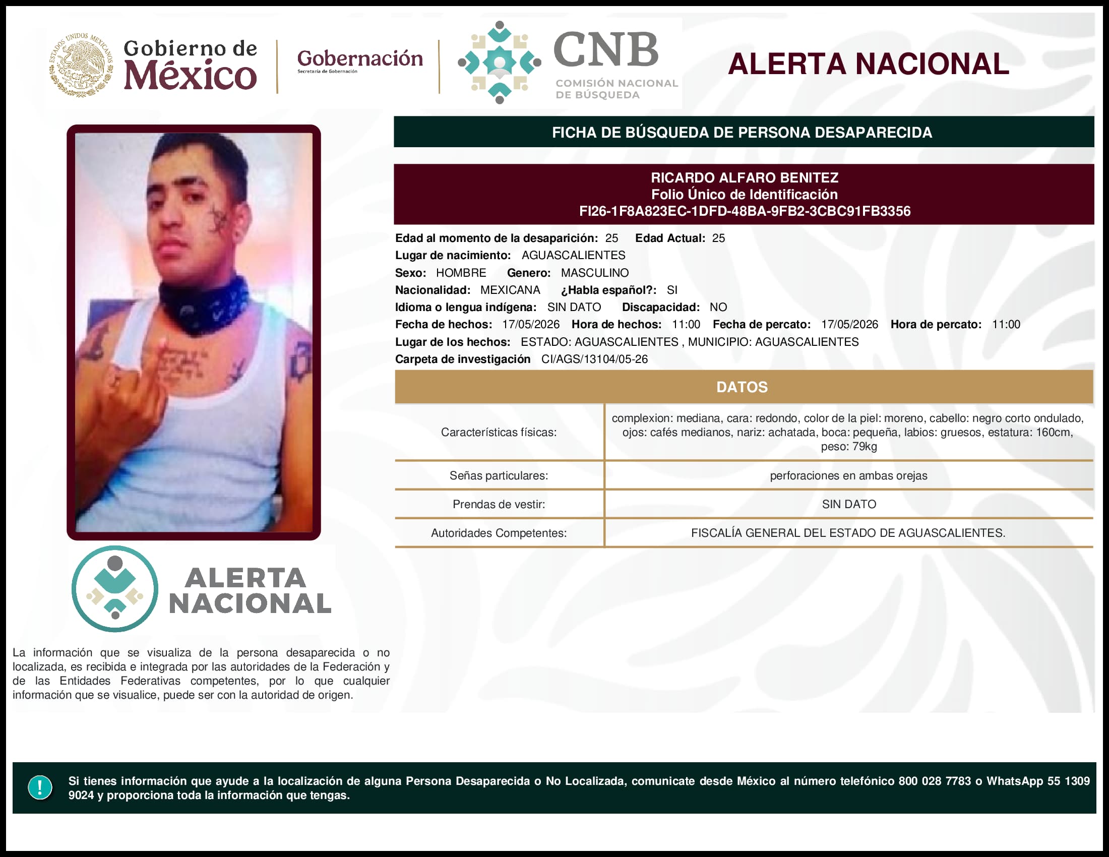 Persona desaparecida Ricardo Alfaro Benitez
