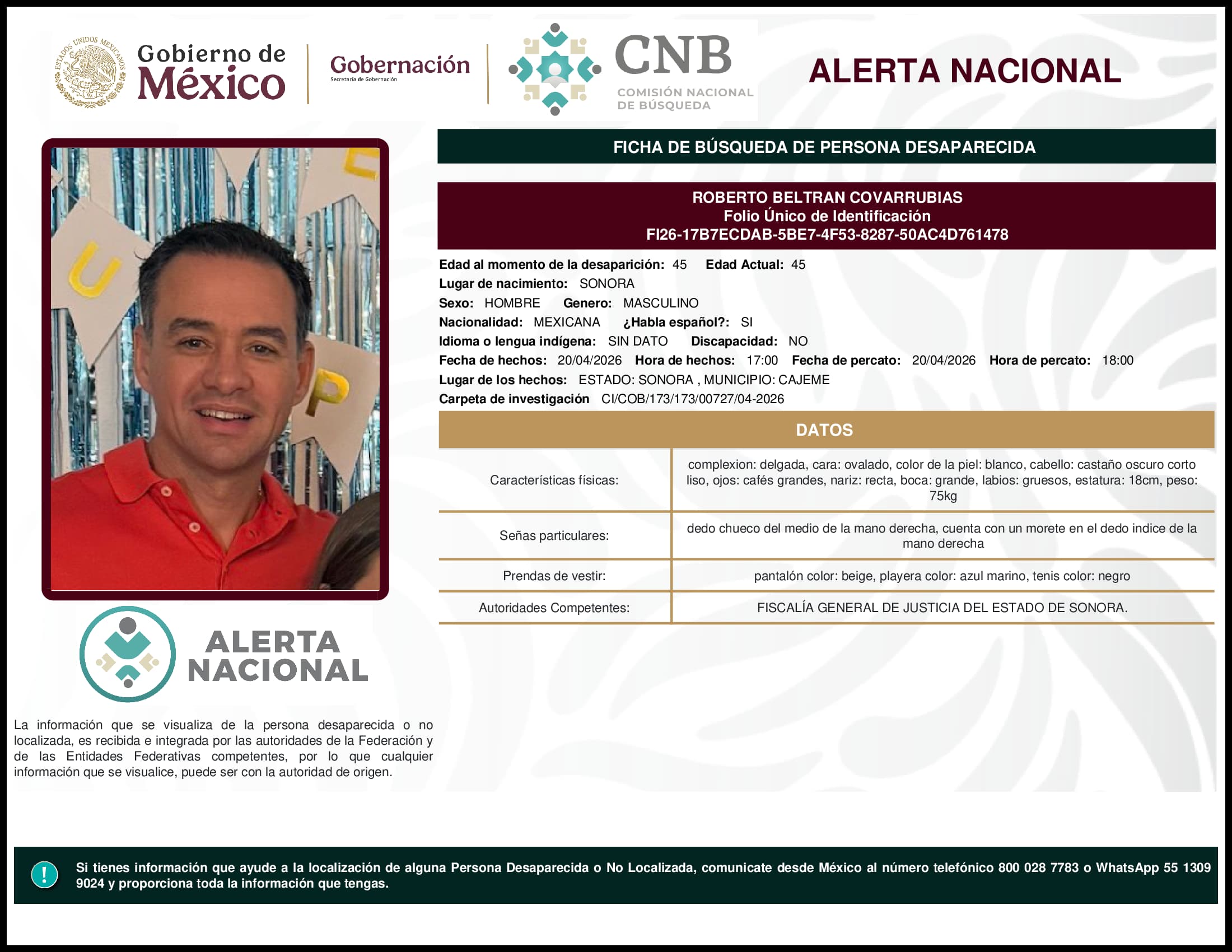 Persona desaparecida Roberto Beltran Covarrubias