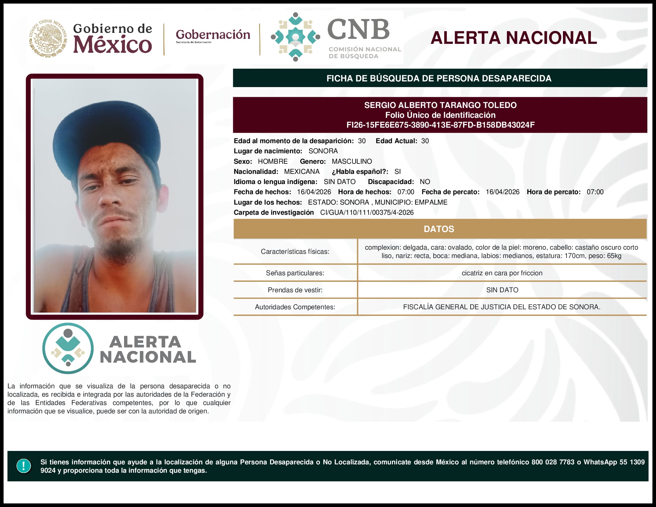 Persona desaparecida Sergio Alberto Tarango Toledo