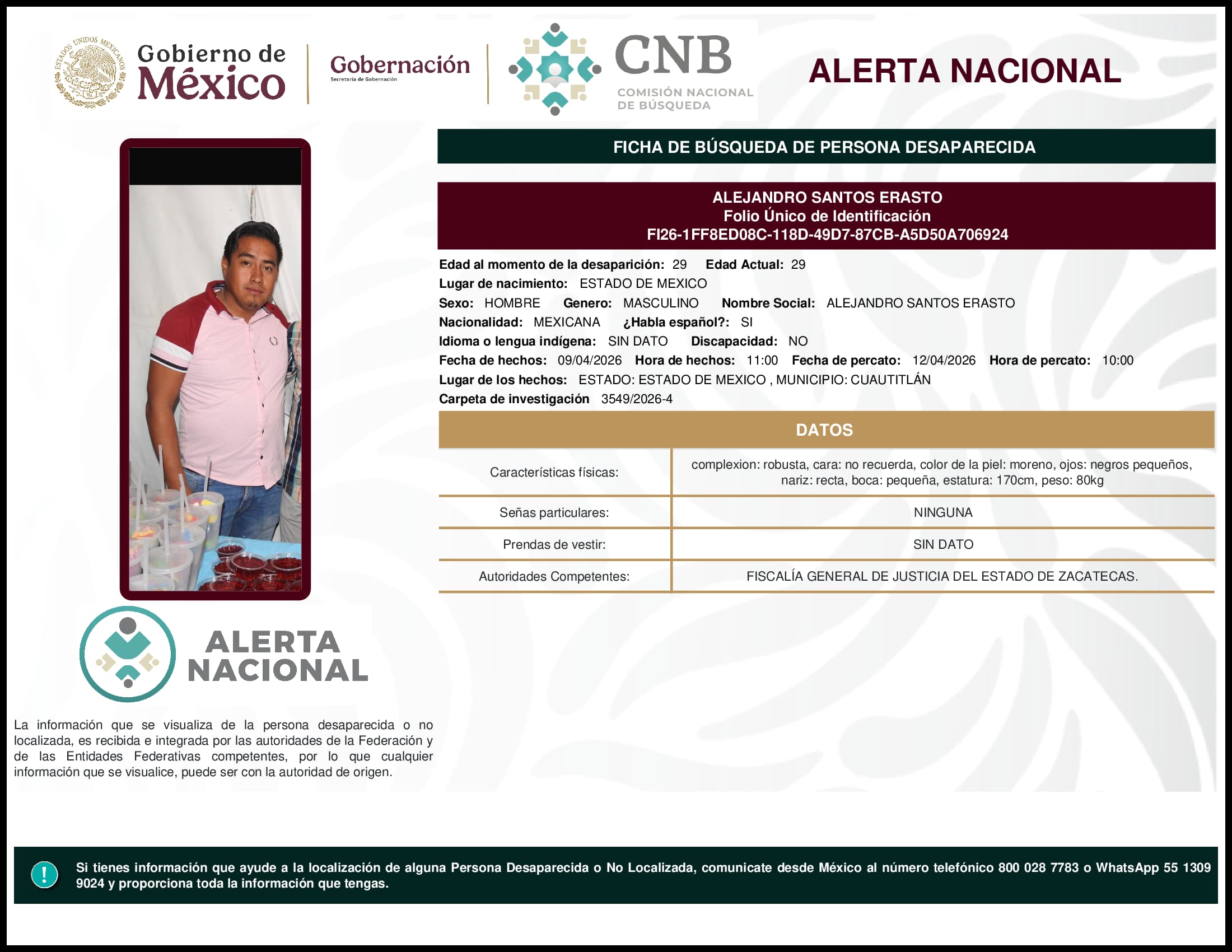 Persona desaparecida Alejandro Santos Erasto