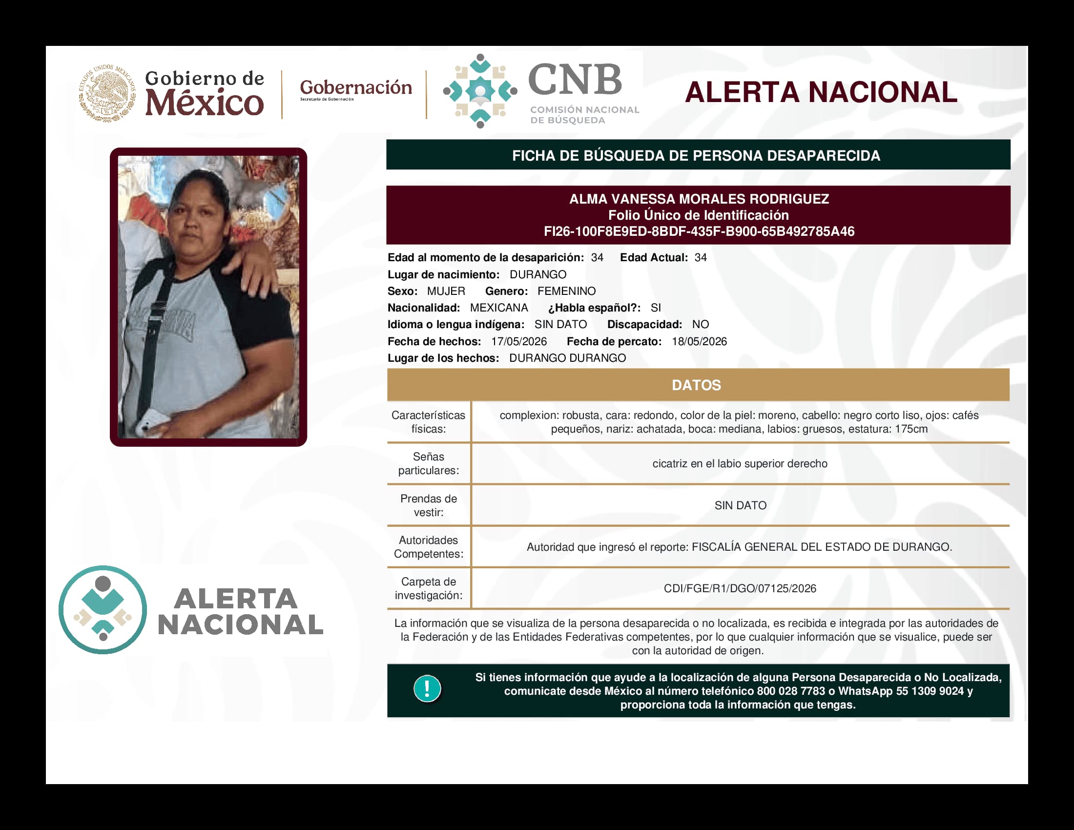 Persona desaparecida Alma Vanessa Morales Rodriguez