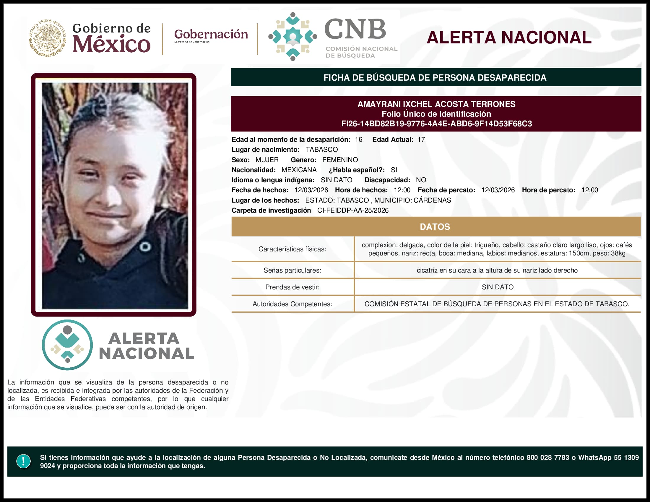Persona desaparecida Amayrani Ixchel Acosta Terrones