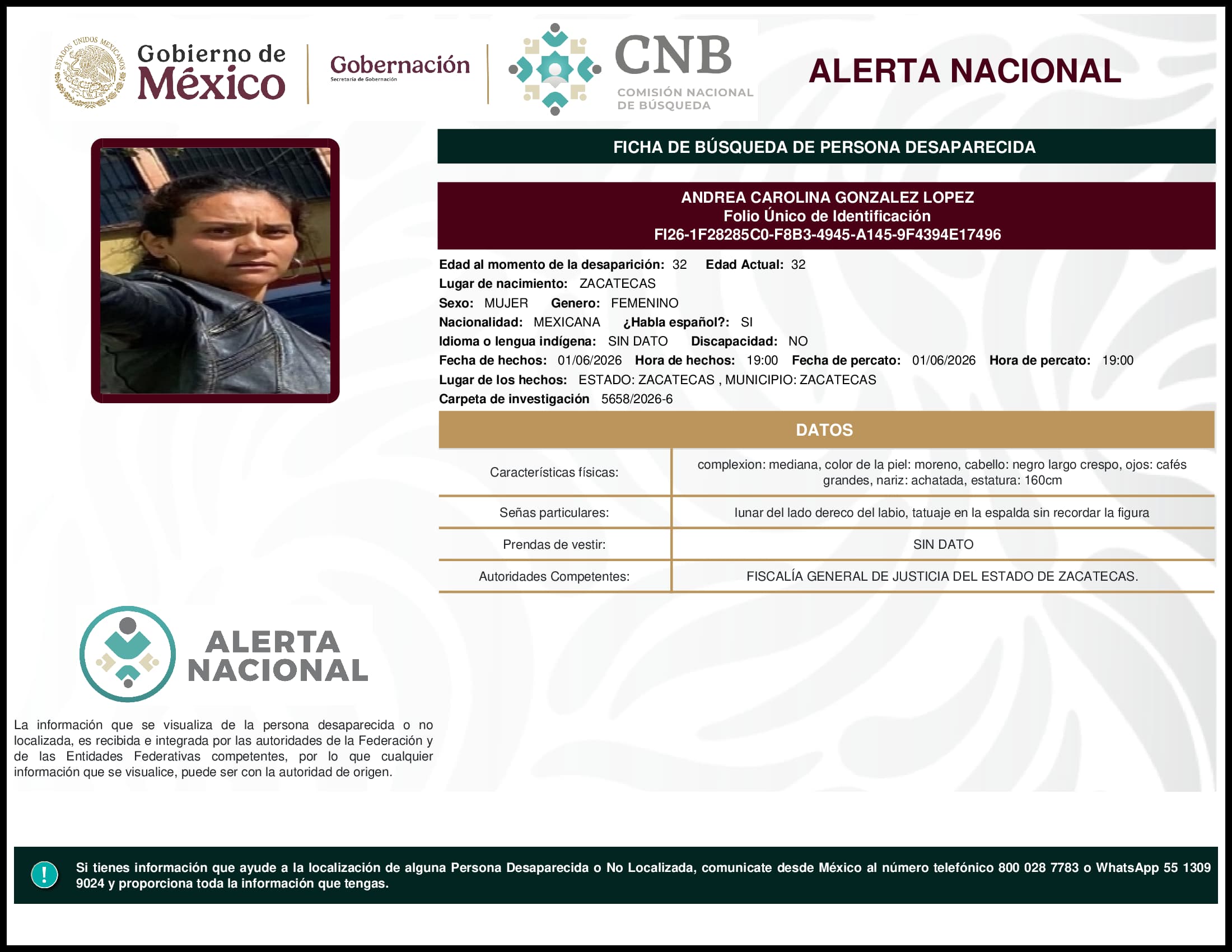 Persona desaparecida Andrea Carolina Gonzalez Lopez
