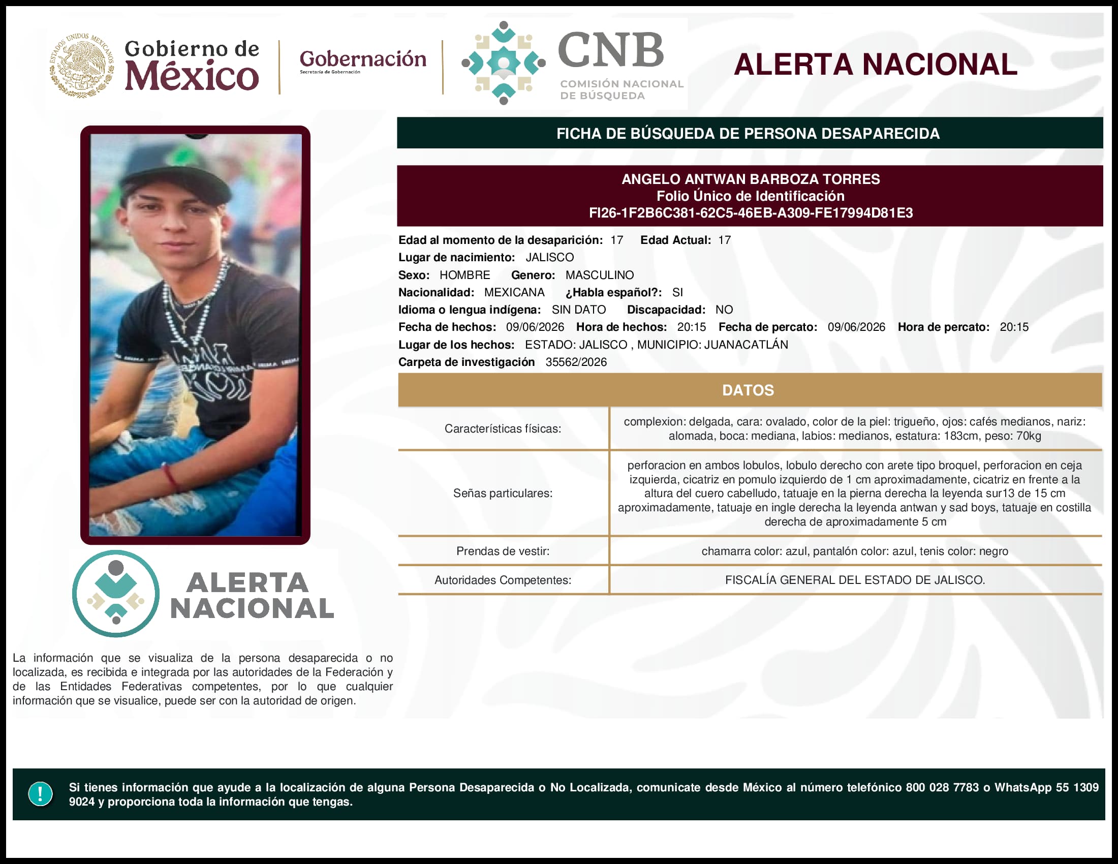 Persona desaparecida Angelo Antwan Barboza Torres