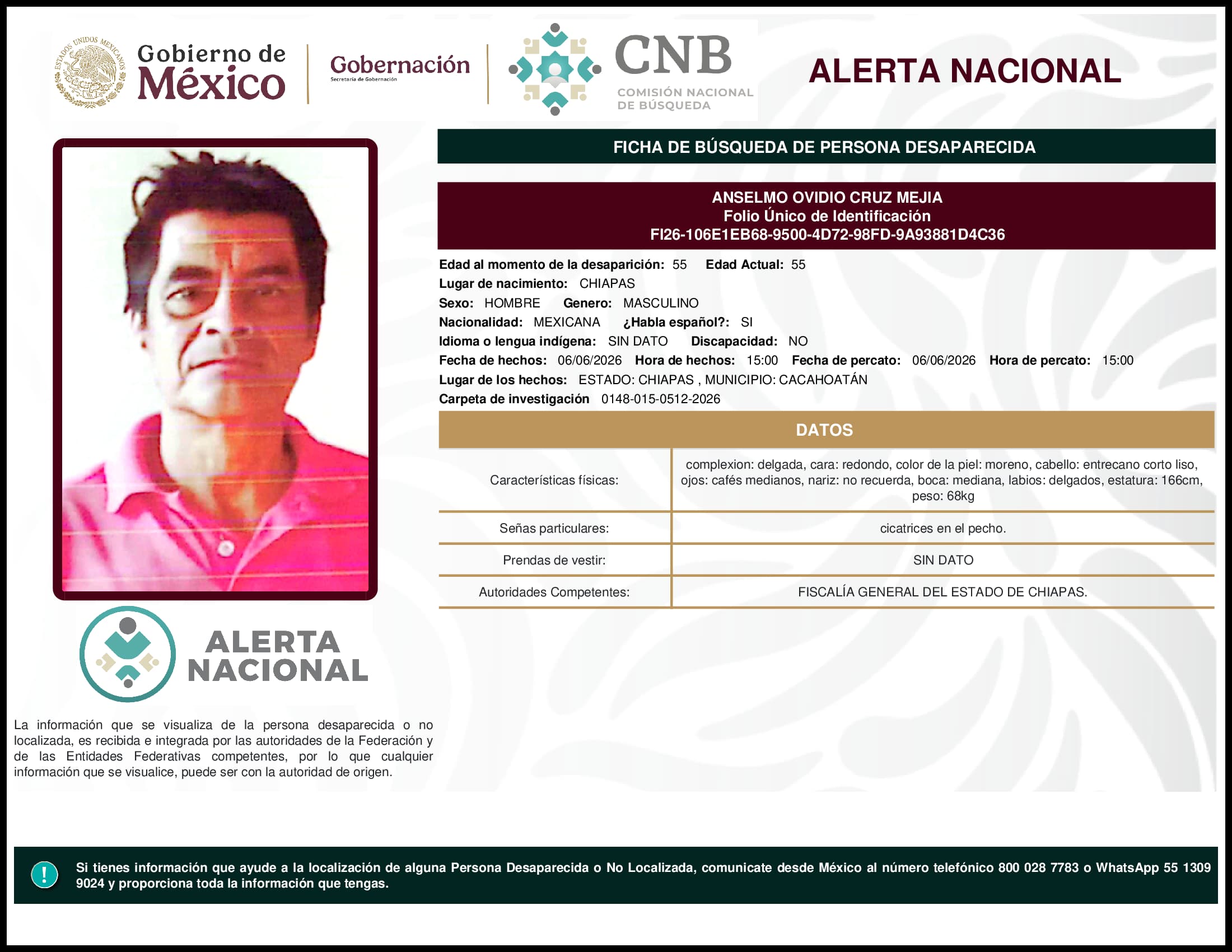 Persona desaparecida Anselmo Ovidio Cruz Mejia