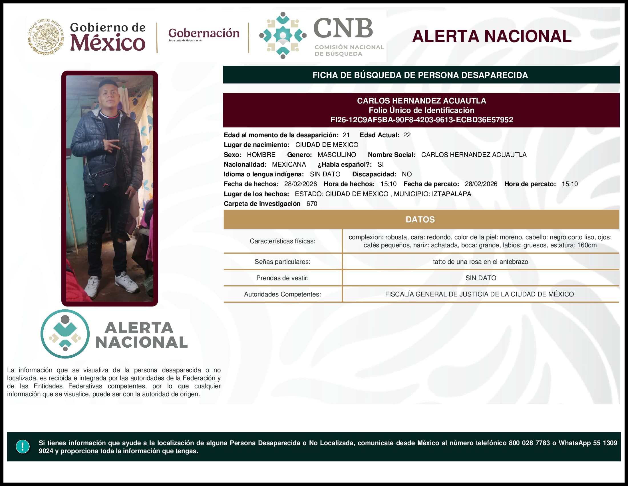Persona desaparecida Carlos Hernandez Acuautla