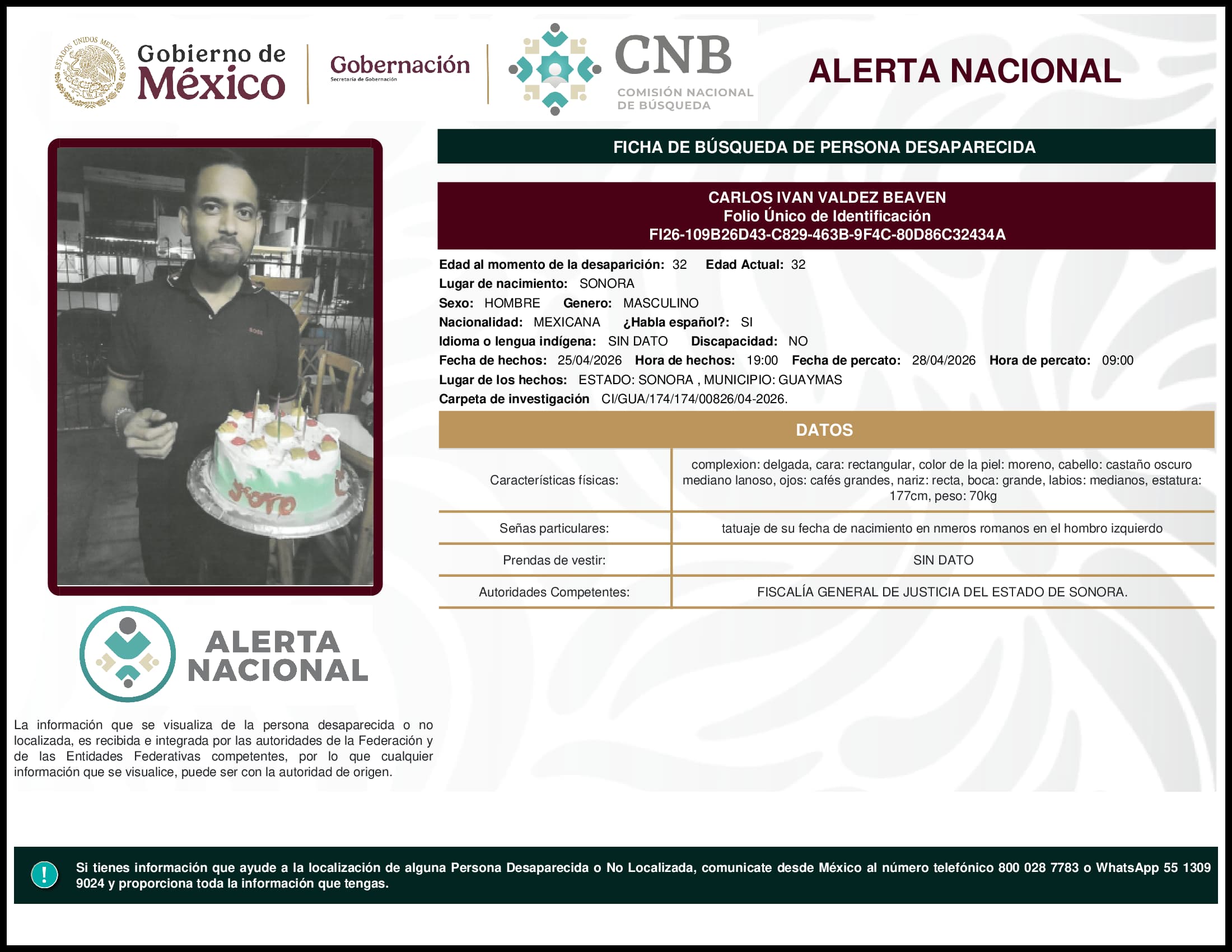 Persona desaparecida Carlos Ivan Valdez Beaven