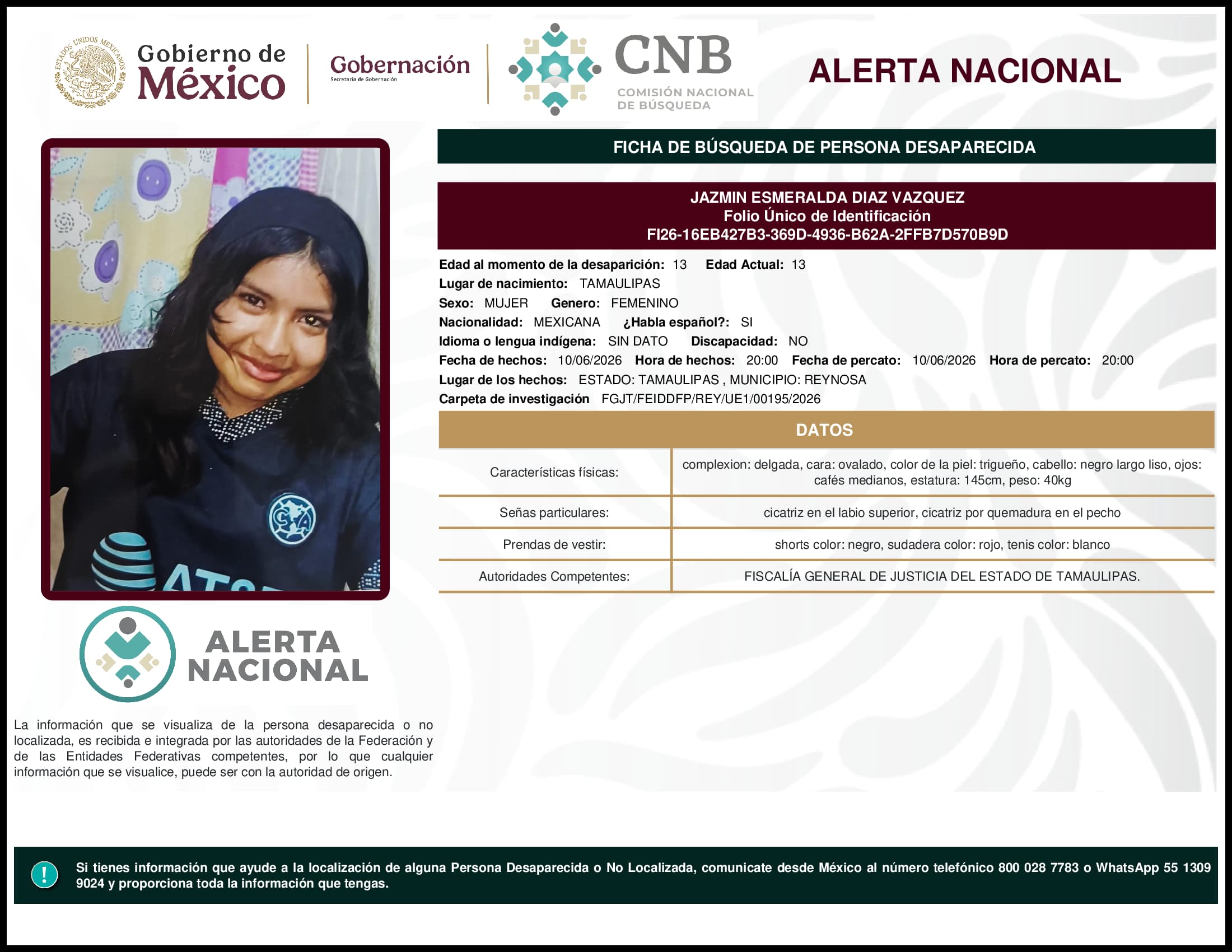 Persona desaparecida Jazmin Esmeralda Diaz Vazquez