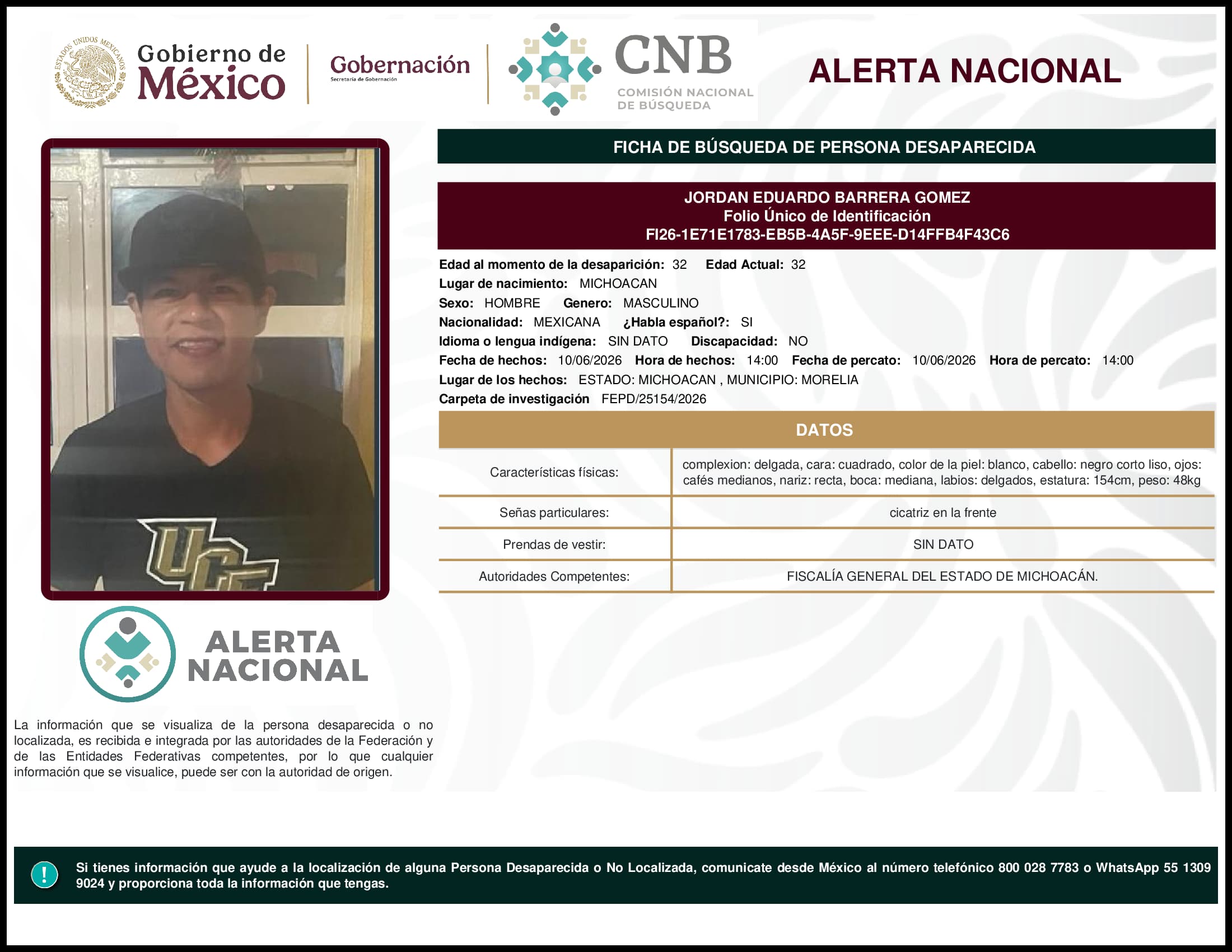 Persona desaparecida Jordan Eduardo Barrera Gomez
