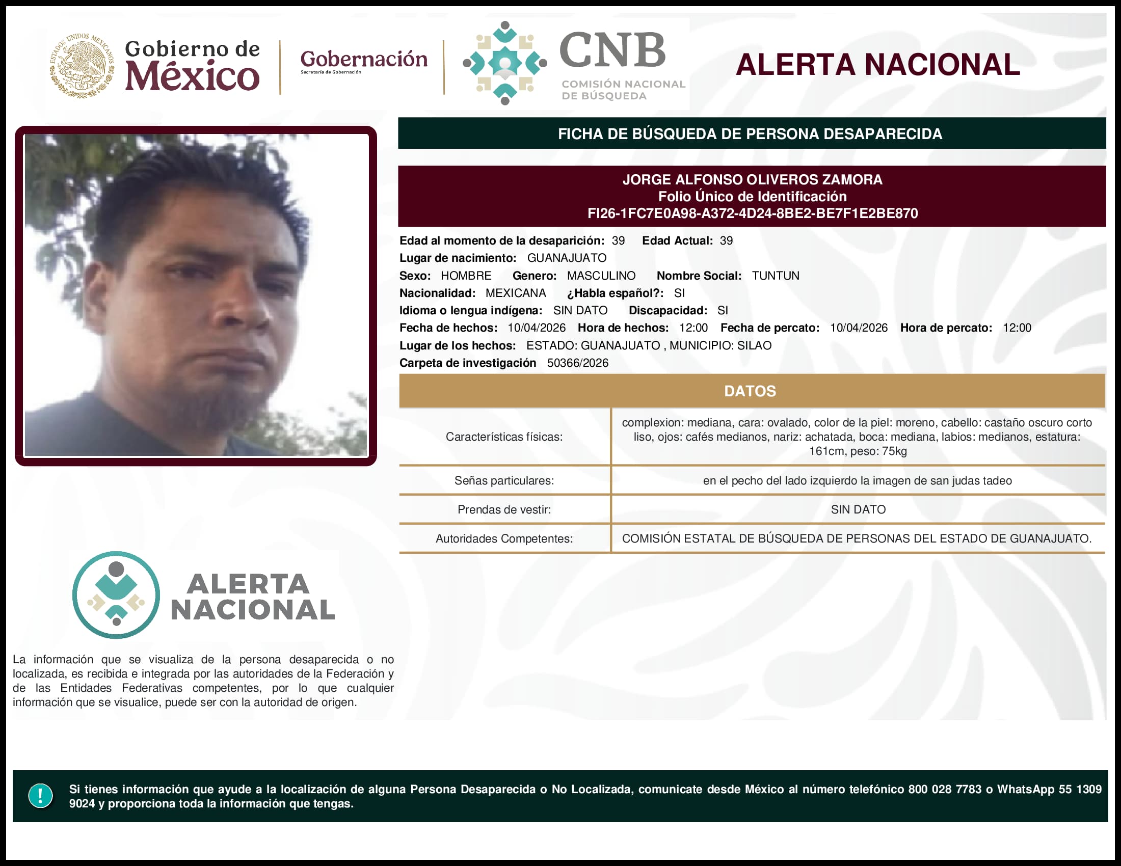 Persona desaparecida Jorge Alfonso Oliveros Zamora