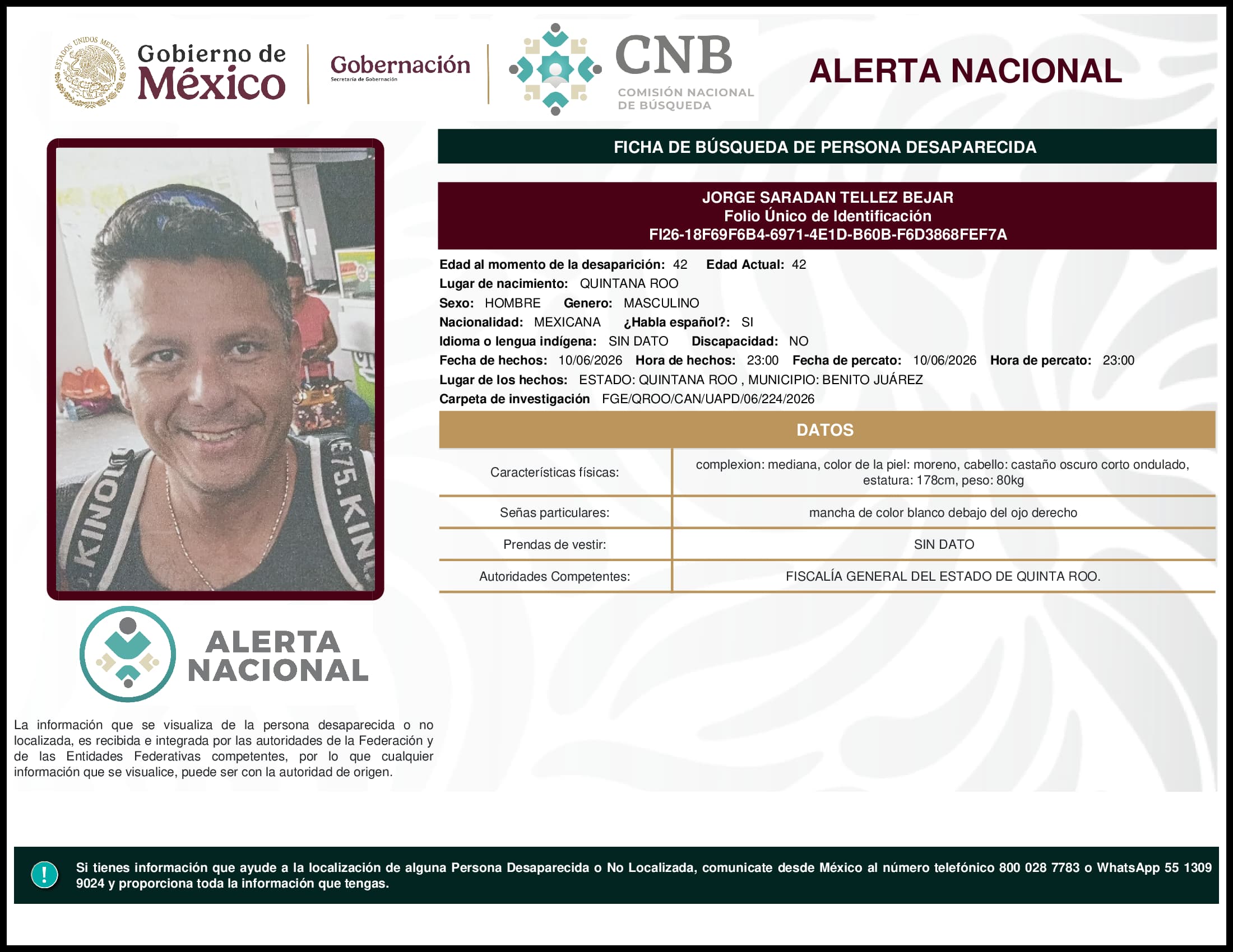 Persona desaparecida Jorge Saradan Tellez Bejar