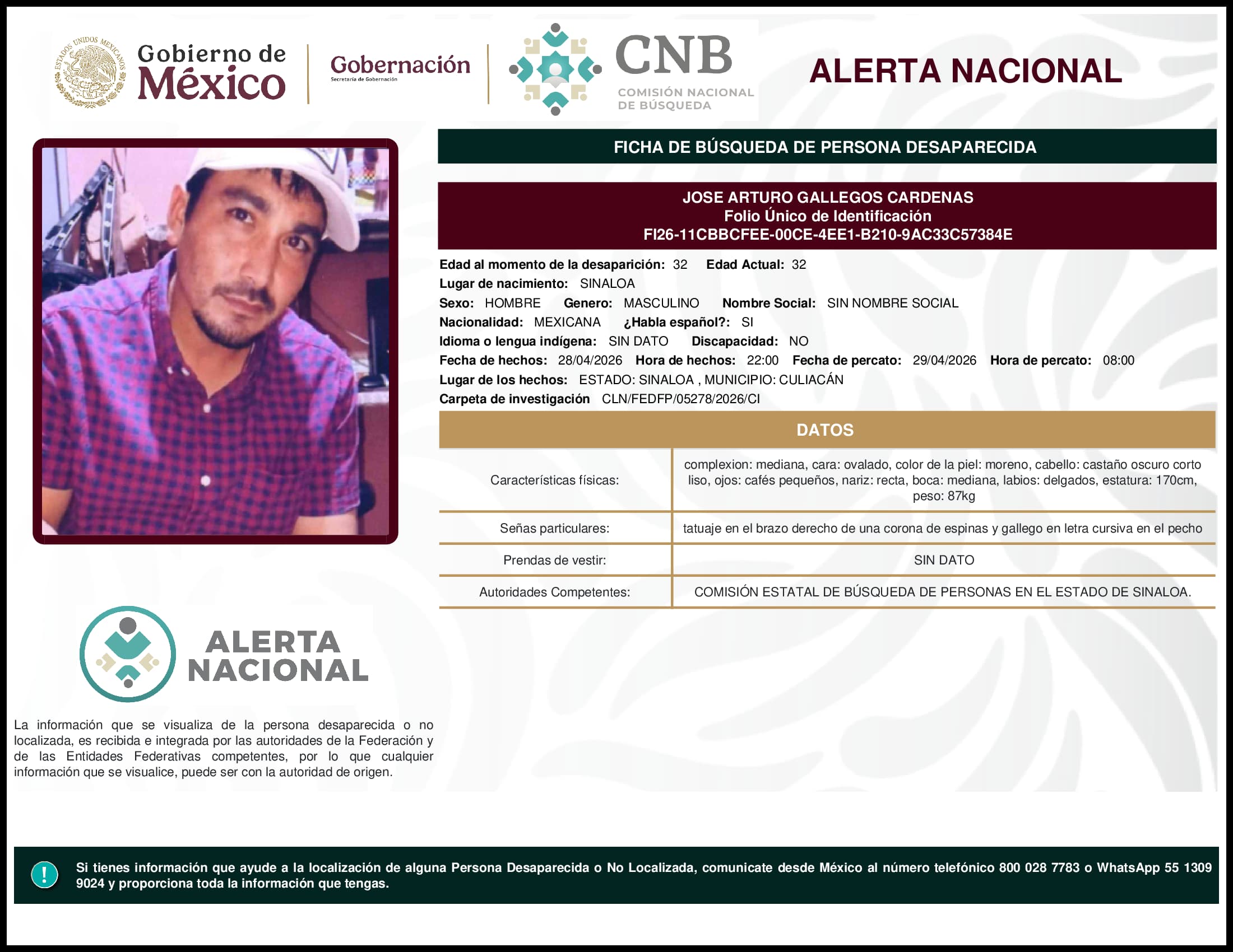 Persona desaparecida Jose Arturo Gallegos Cardenas