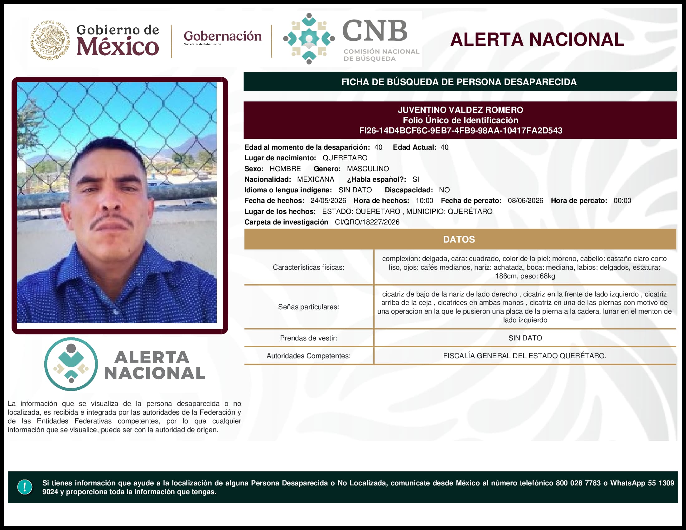 Persona desaparecida Juventino Valdez Romero