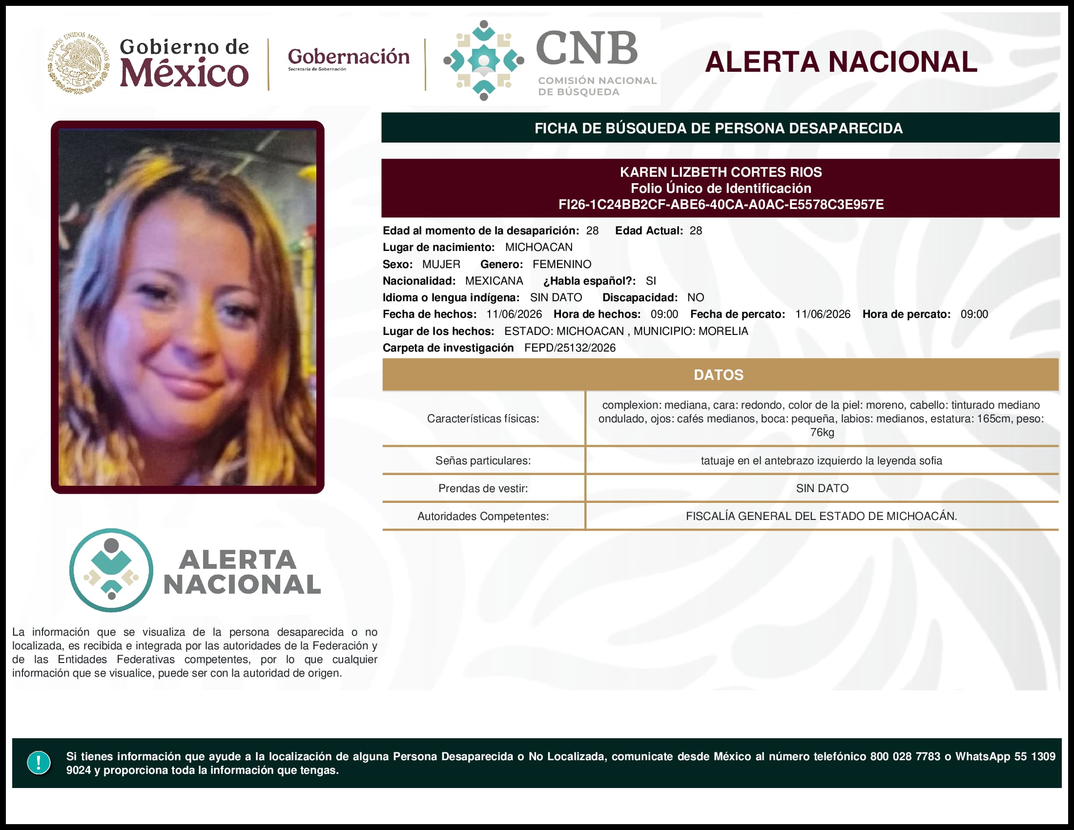 Persona desaparecida Karen Lizbeth Cortes Rios
