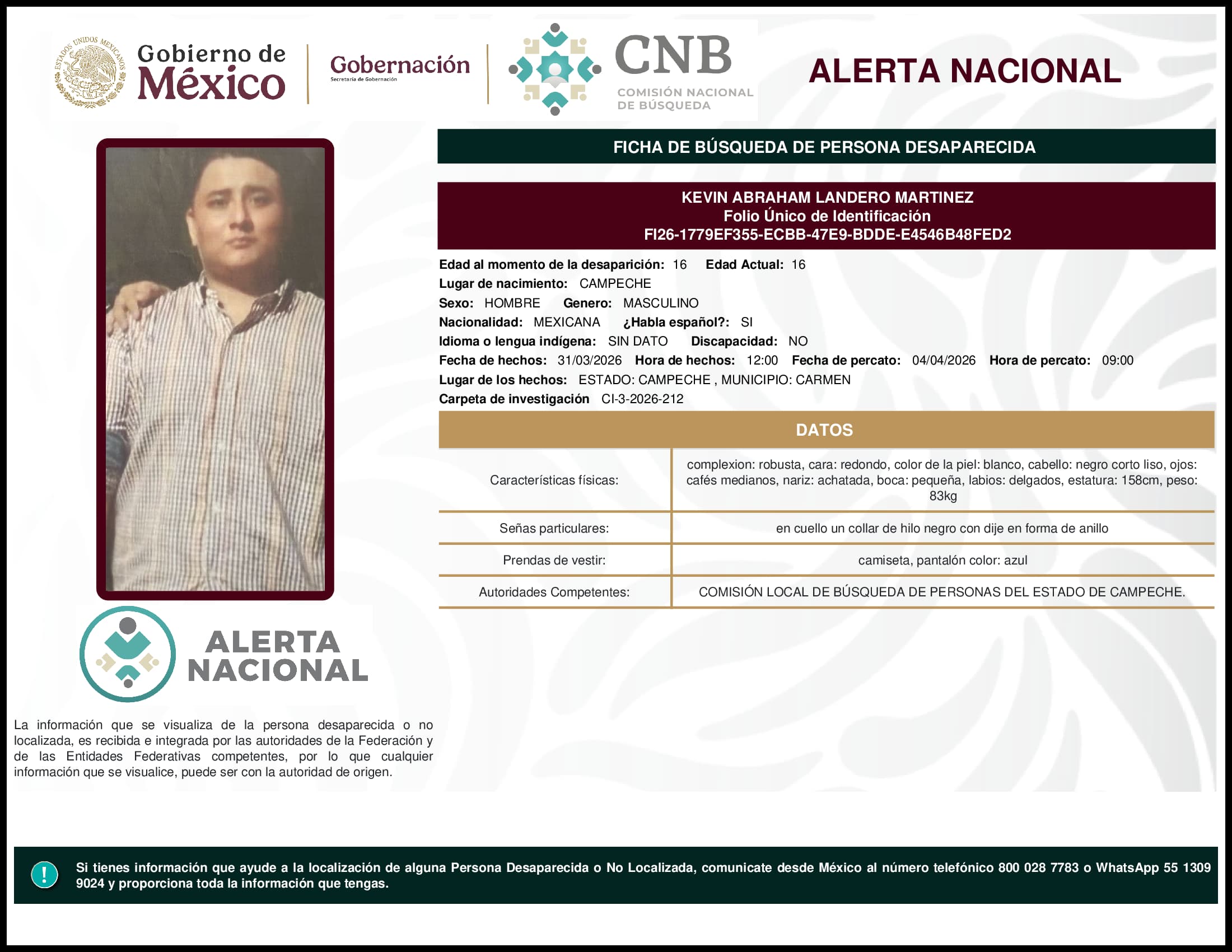 Persona desaparecida Kevin Abraham Landero Martinez