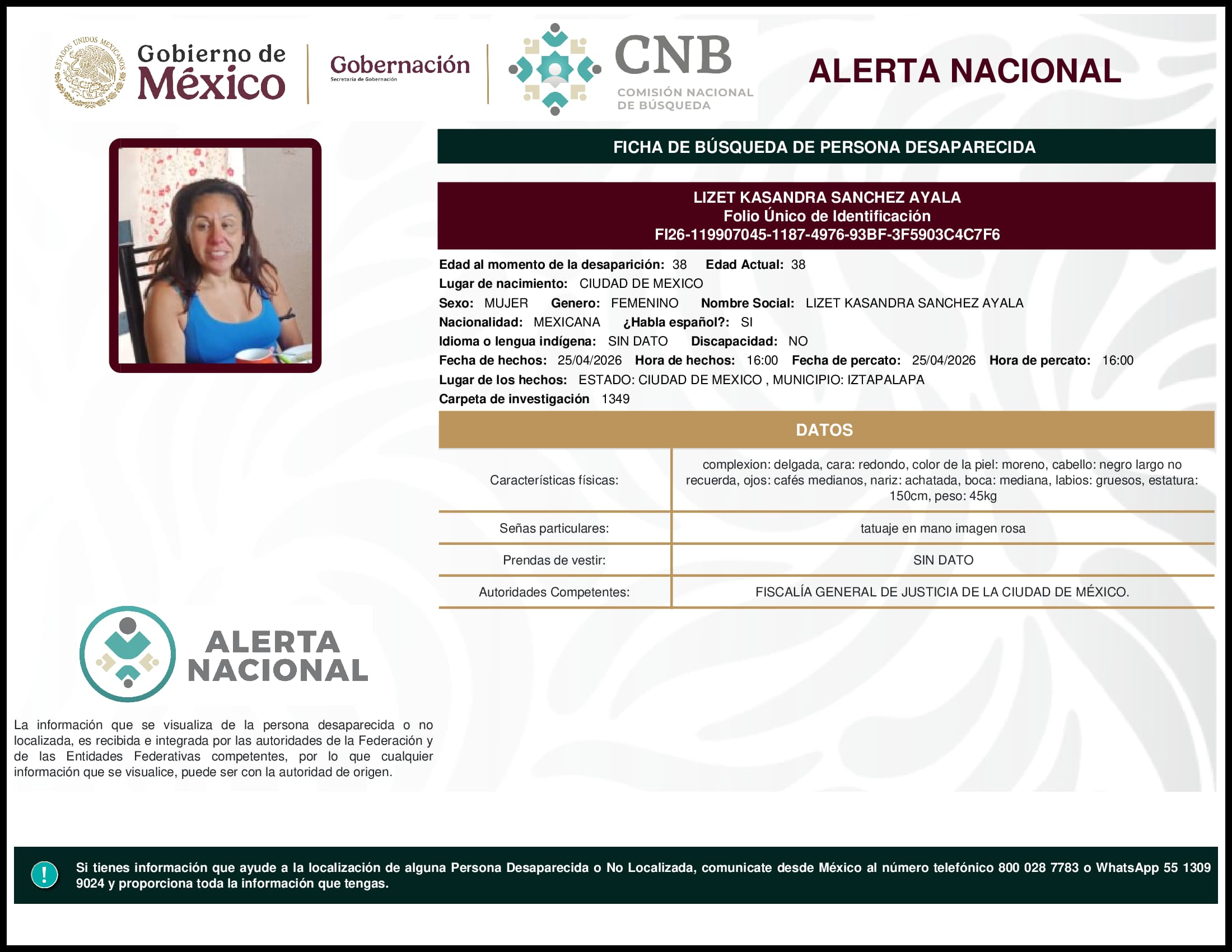 Persona desaparecida Lizet Kasandra Sanchez Ayala
