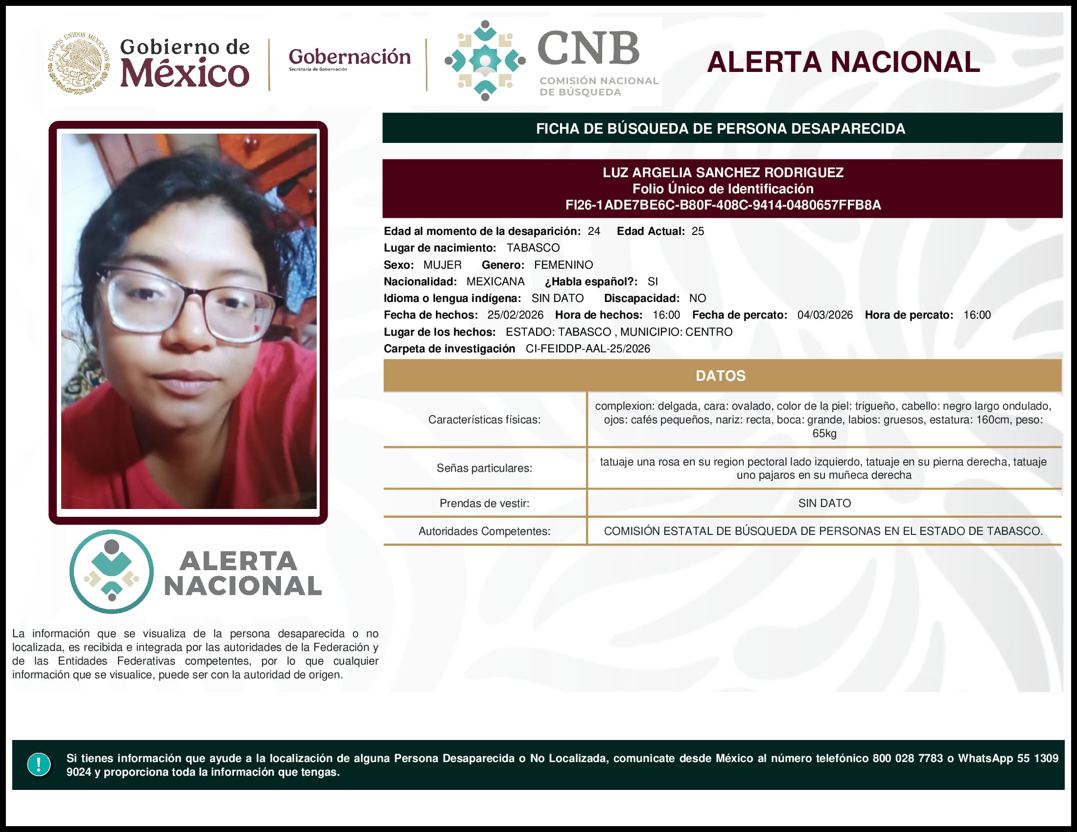 Persona desaparecida Luz Argelia Sanchez Rodriguez