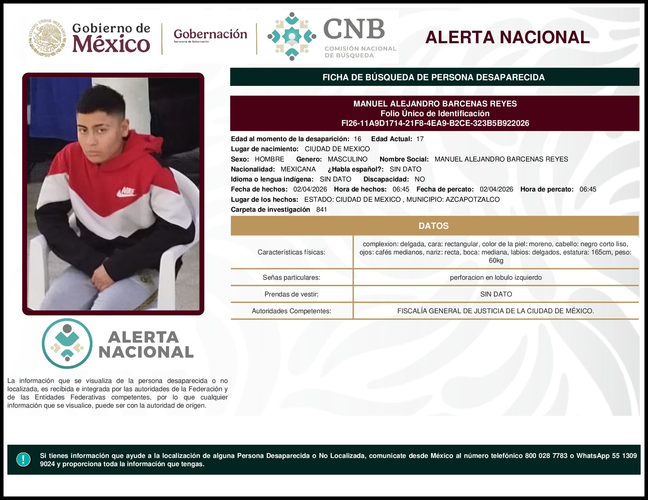 Persona desaparecida Manuel Alejandro Barcenas Reyes