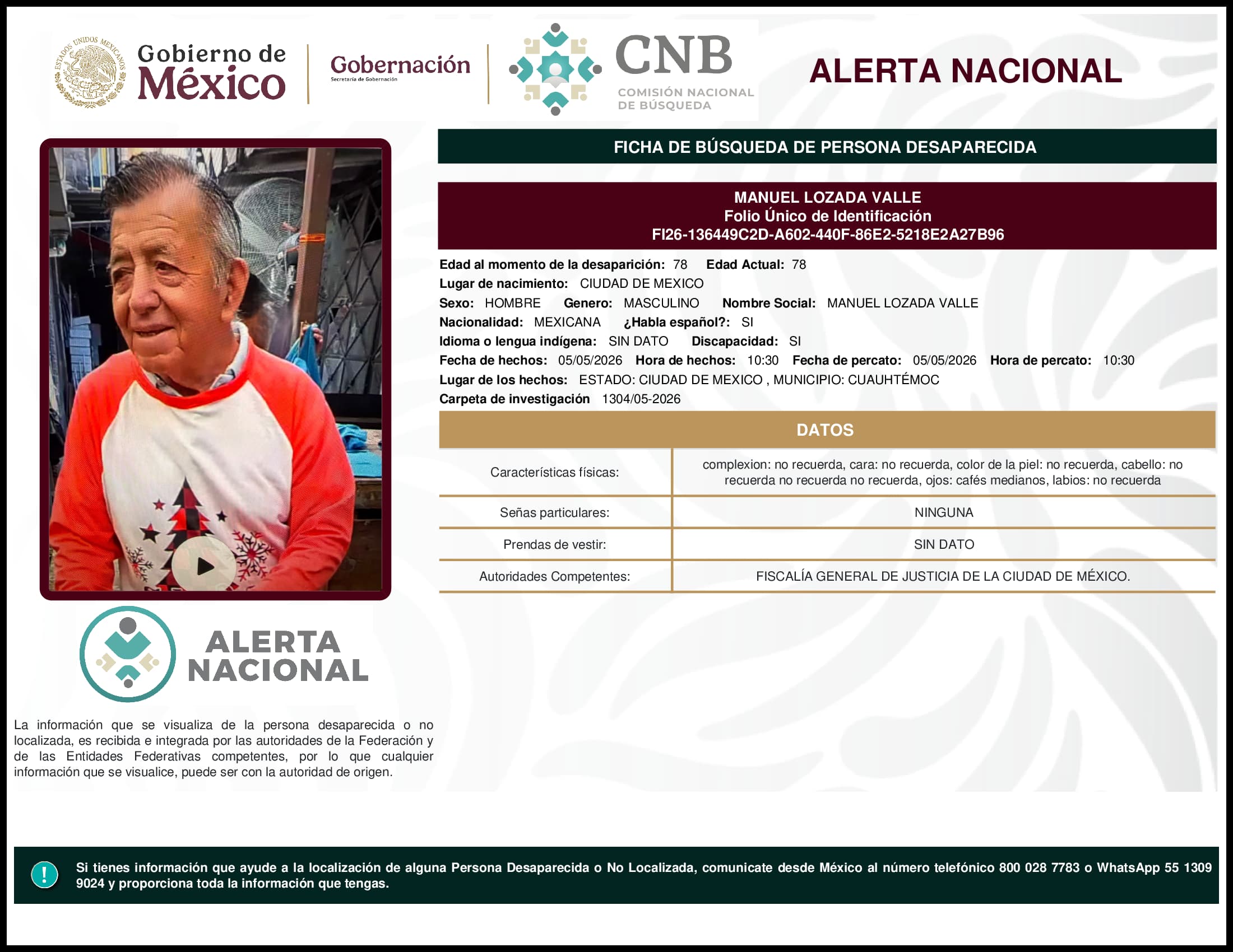 Persona desaparecida Manuel Lozada Valle