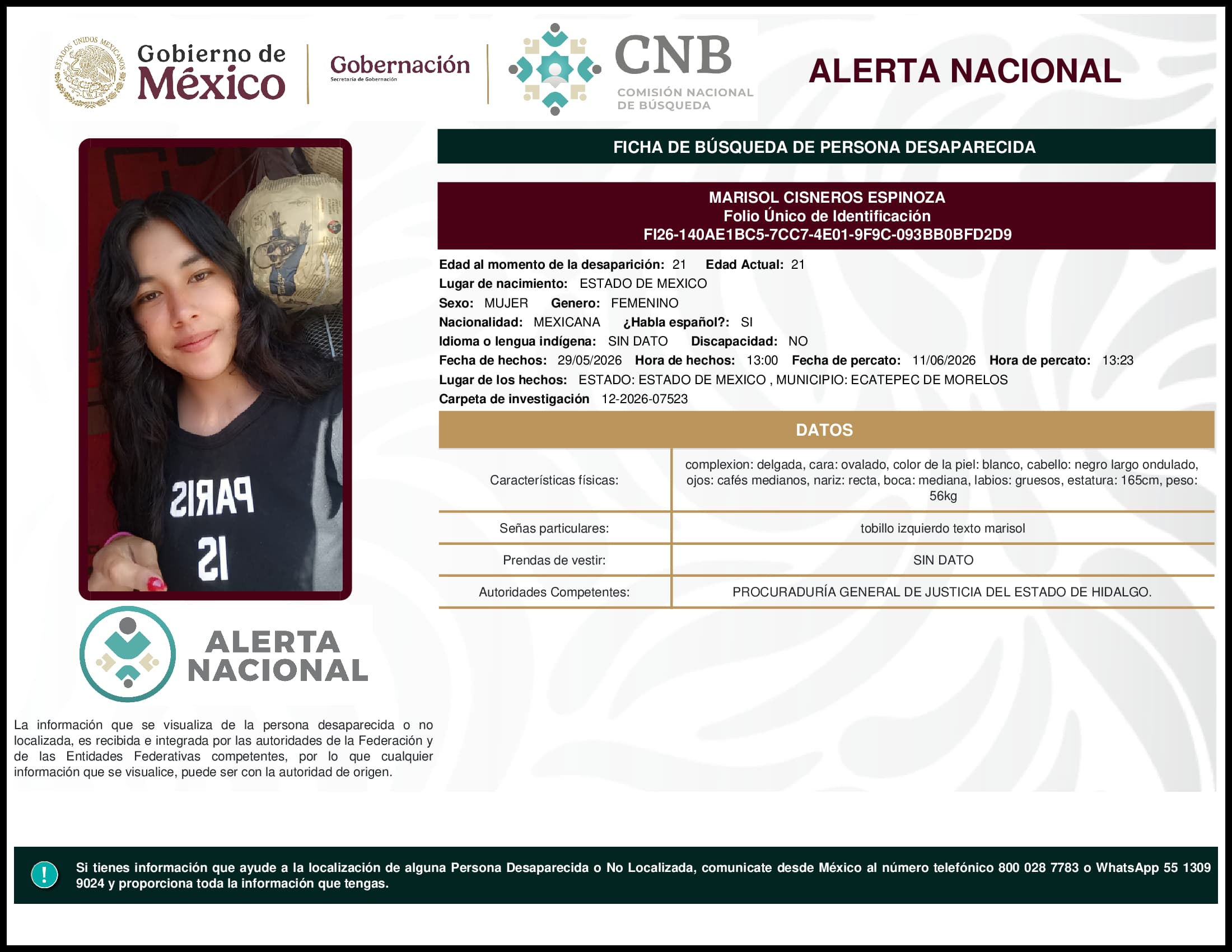 Persona desaparecida Marisol Cisneros Espinoza