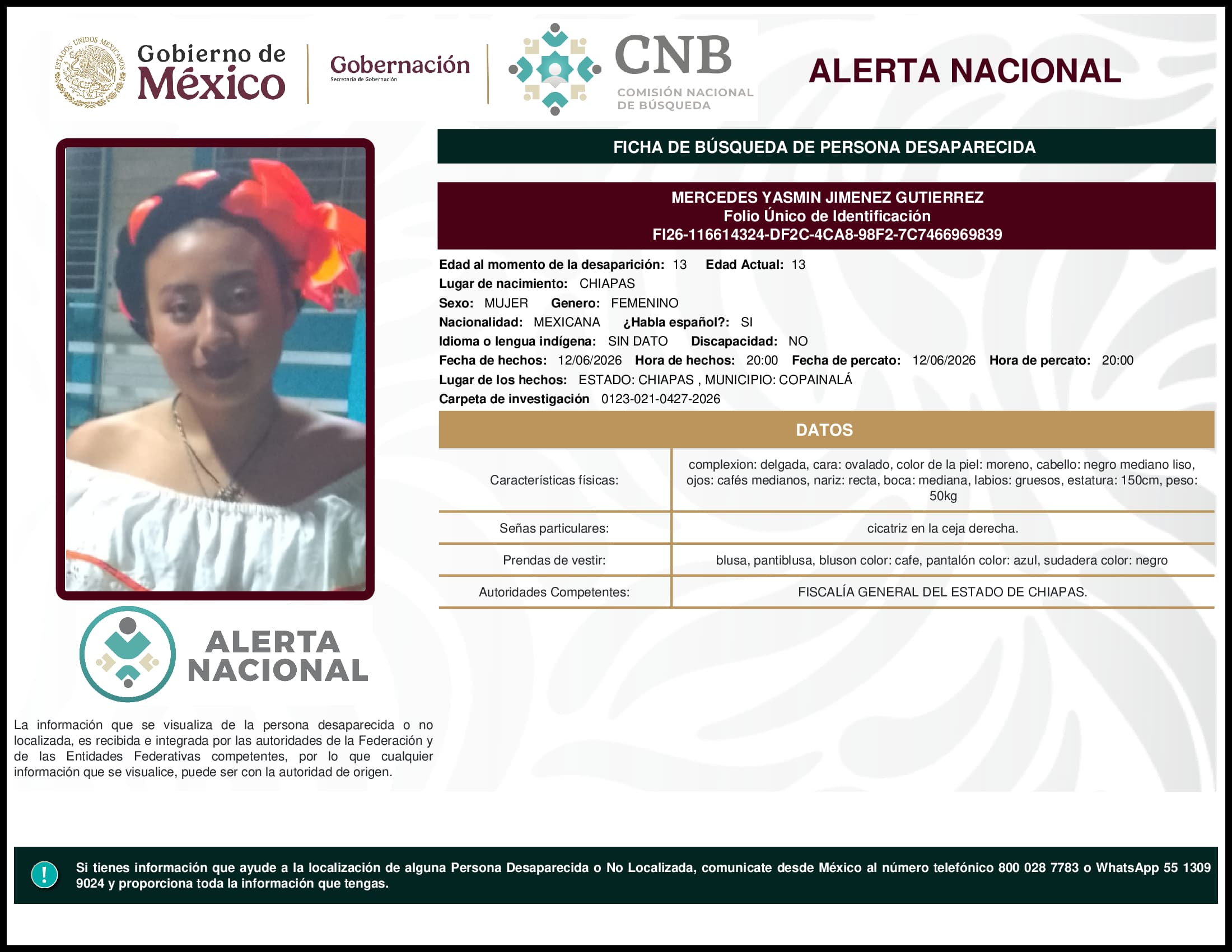 Persona desaparecida Mercedes Yasmin Jimenez Gutierrez