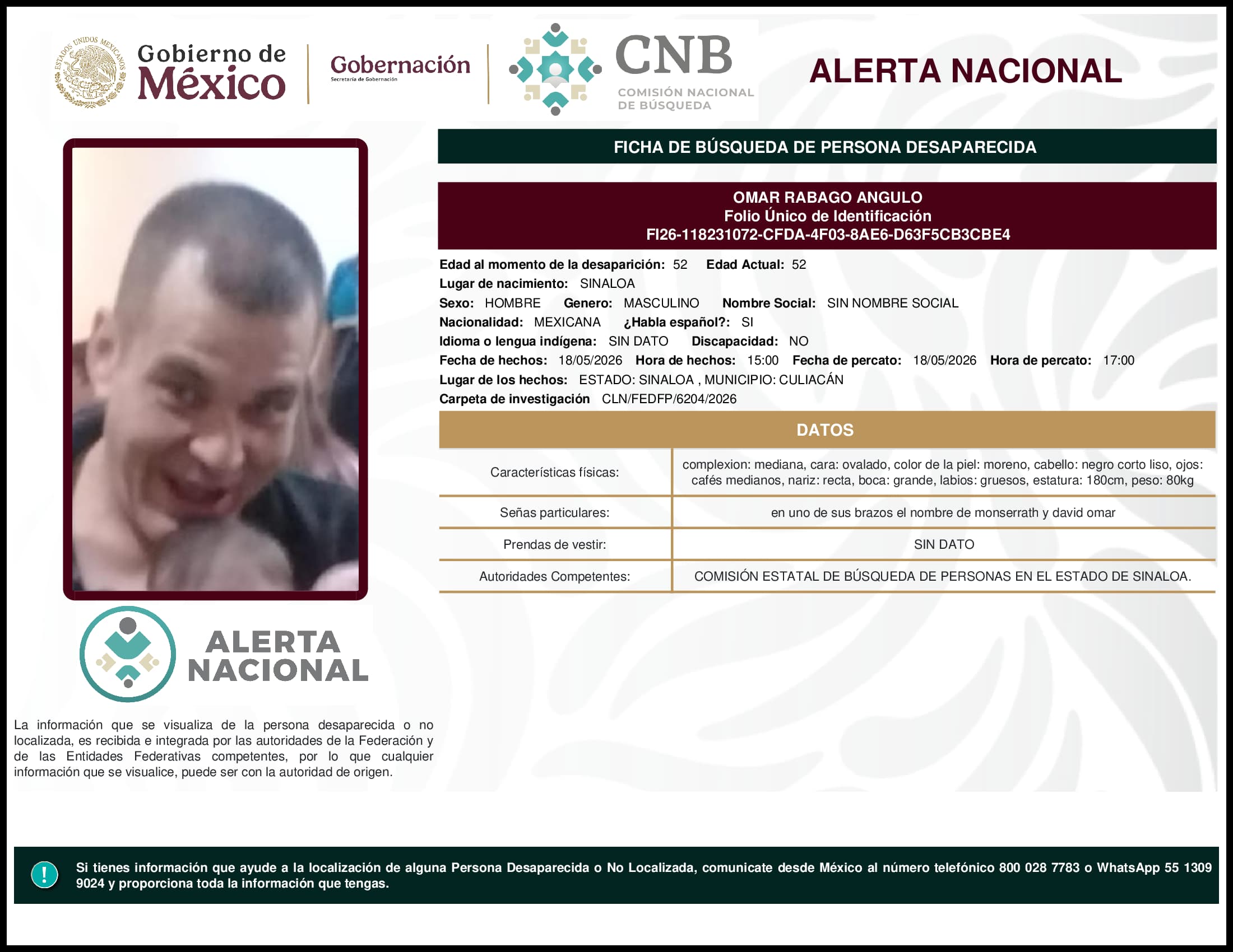 Persona desaparecida Omar Rabago Angulo