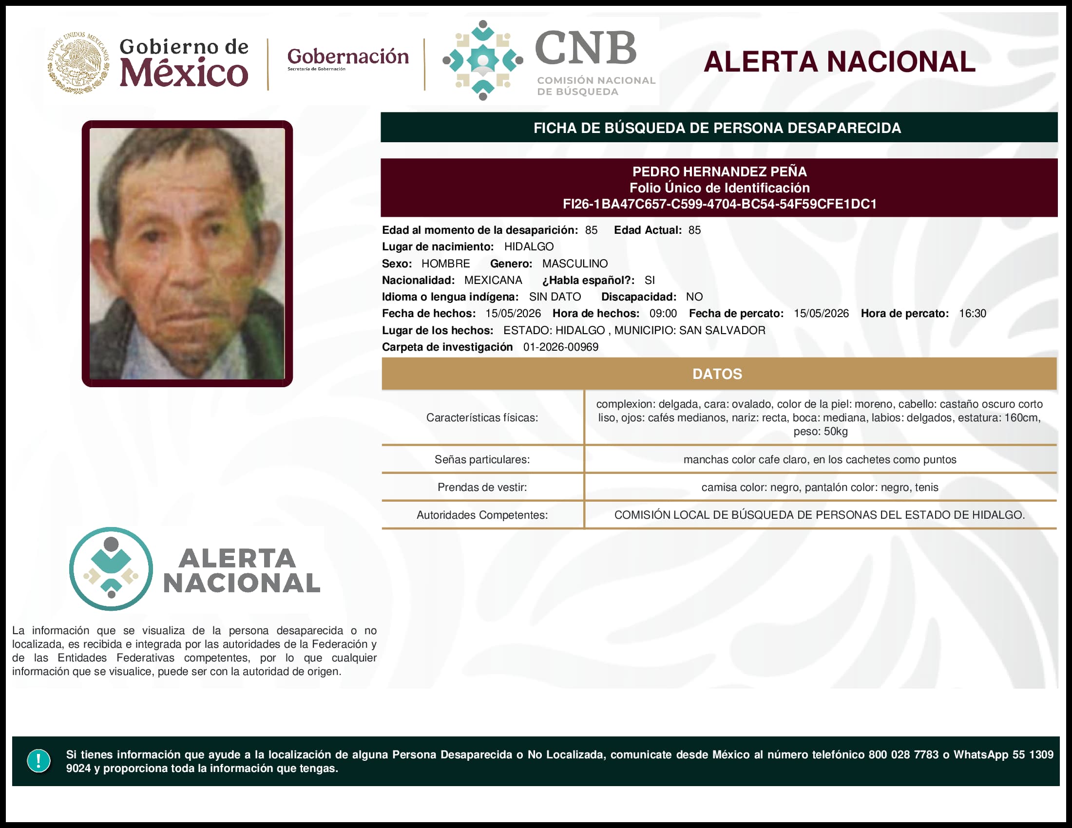 Persona desaparecida Pedro Hernandez Pena