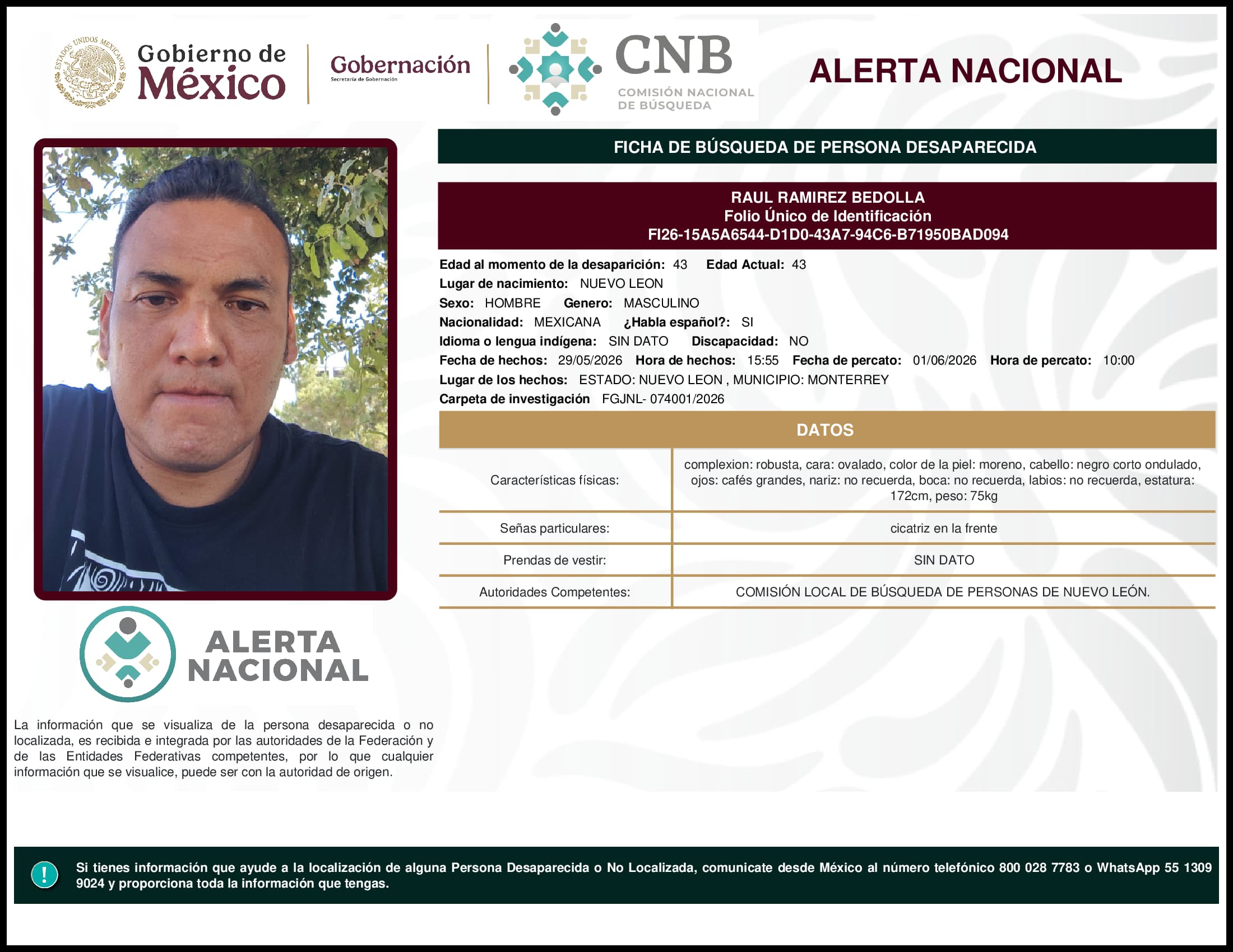 Persona desaparecida Raul Ramirez Bedolla