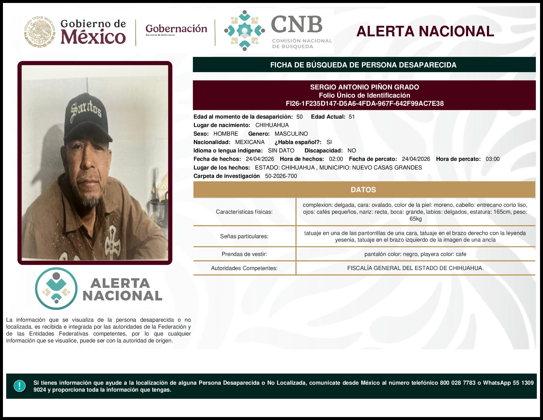 Persona desaparecida Sergio Antonio Pinon Grado