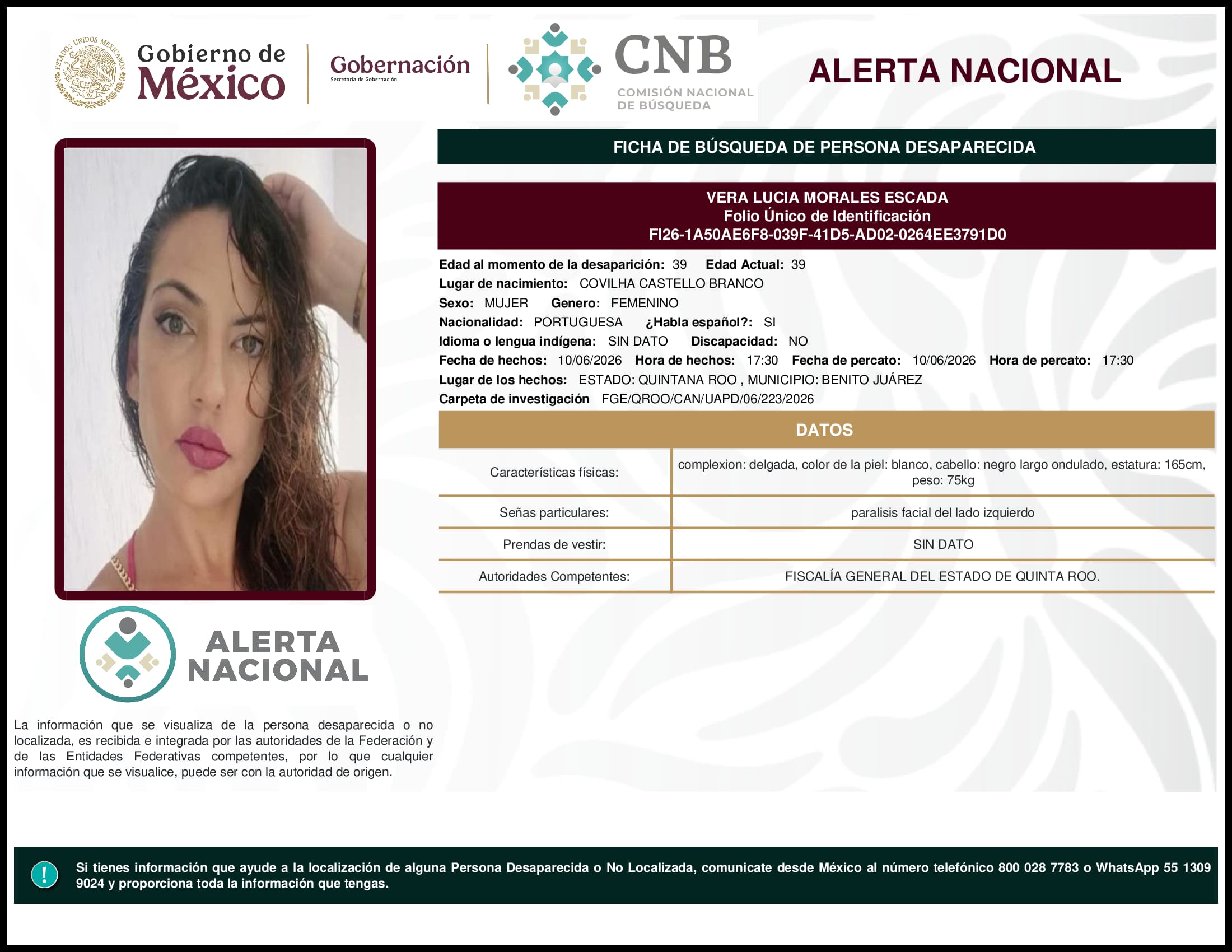 Persona desaparecida Vera Lucia Morales Escada