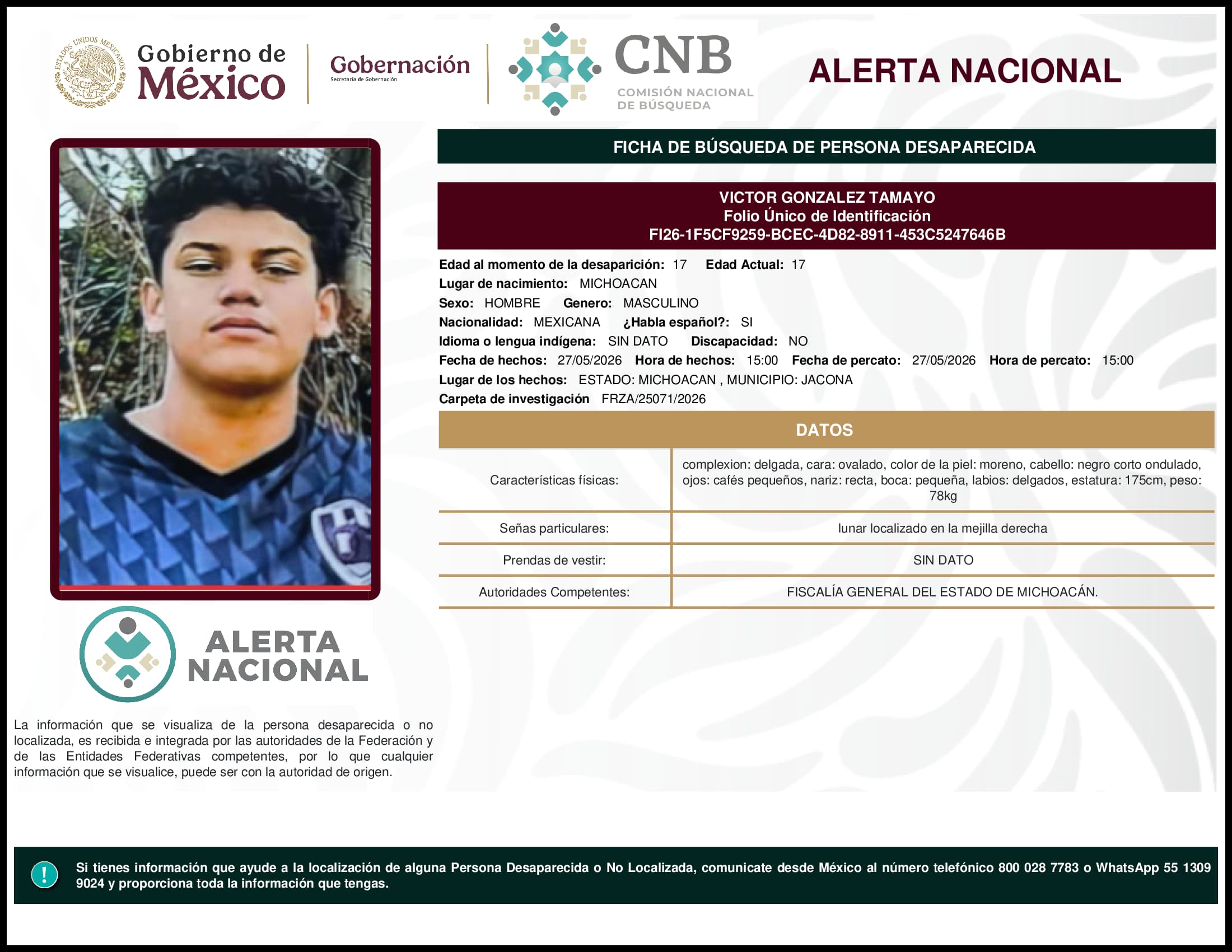 Persona desaparecida Victor Gonzalez Tamayo