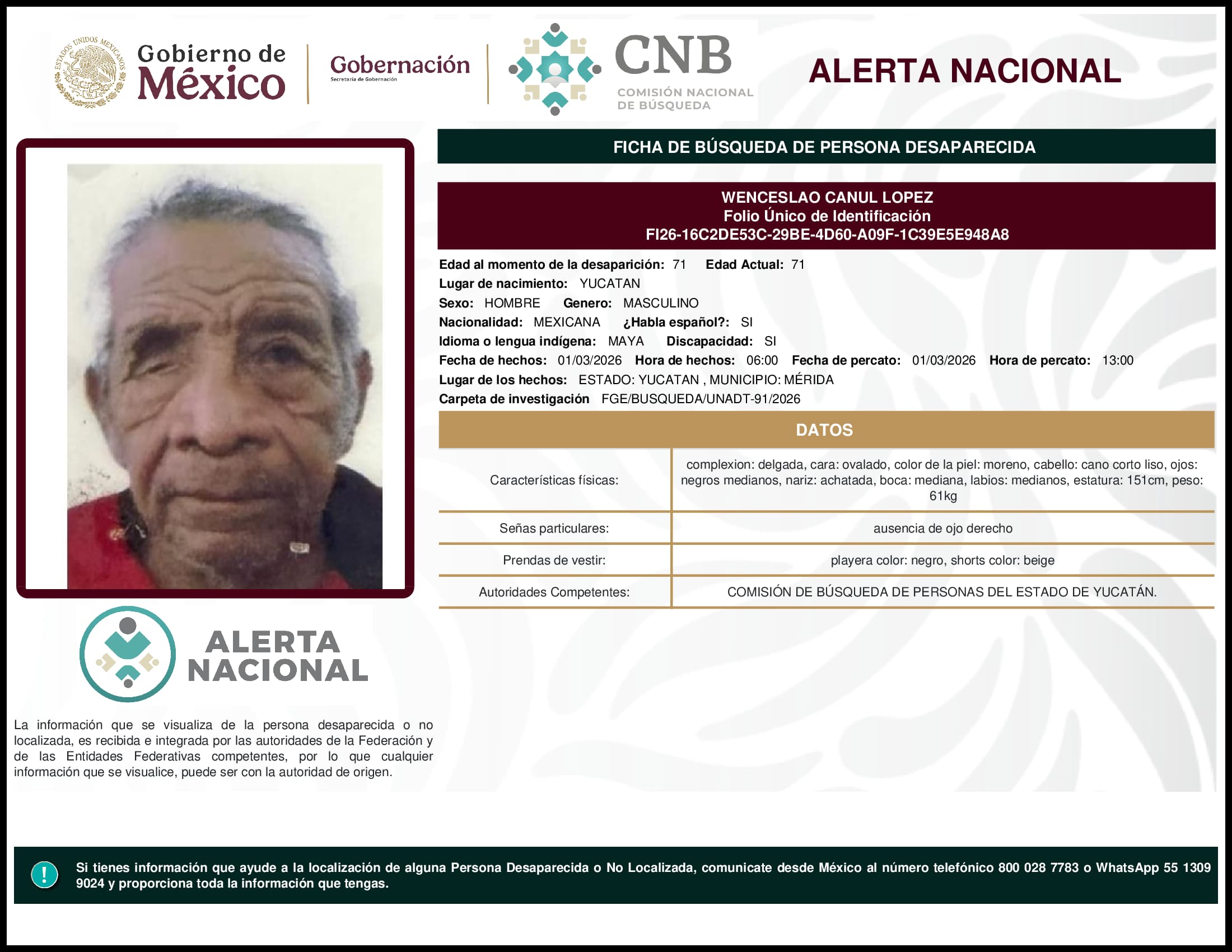 Persona desaparecida Wenceslao Canul Lopez