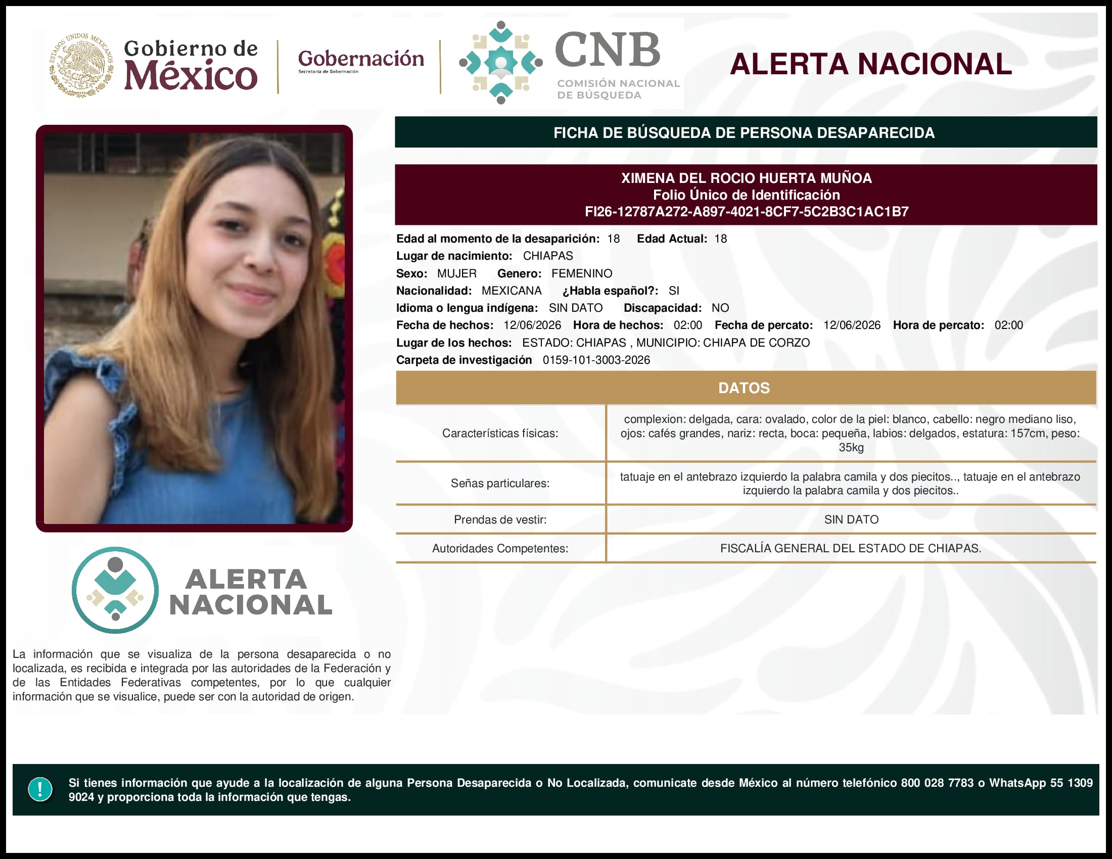 Persona desaparecida Ximena Del Rocio Huerta Munoa