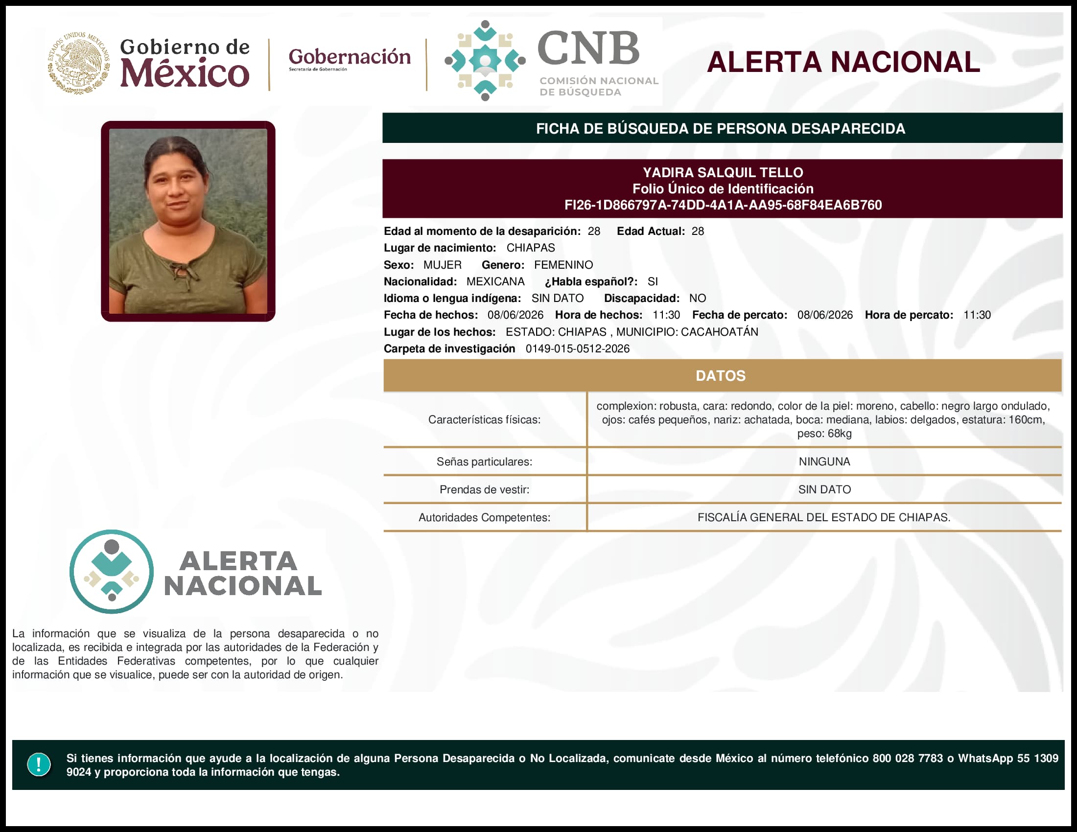 Persona desaparecida Yadira Salquil Tello