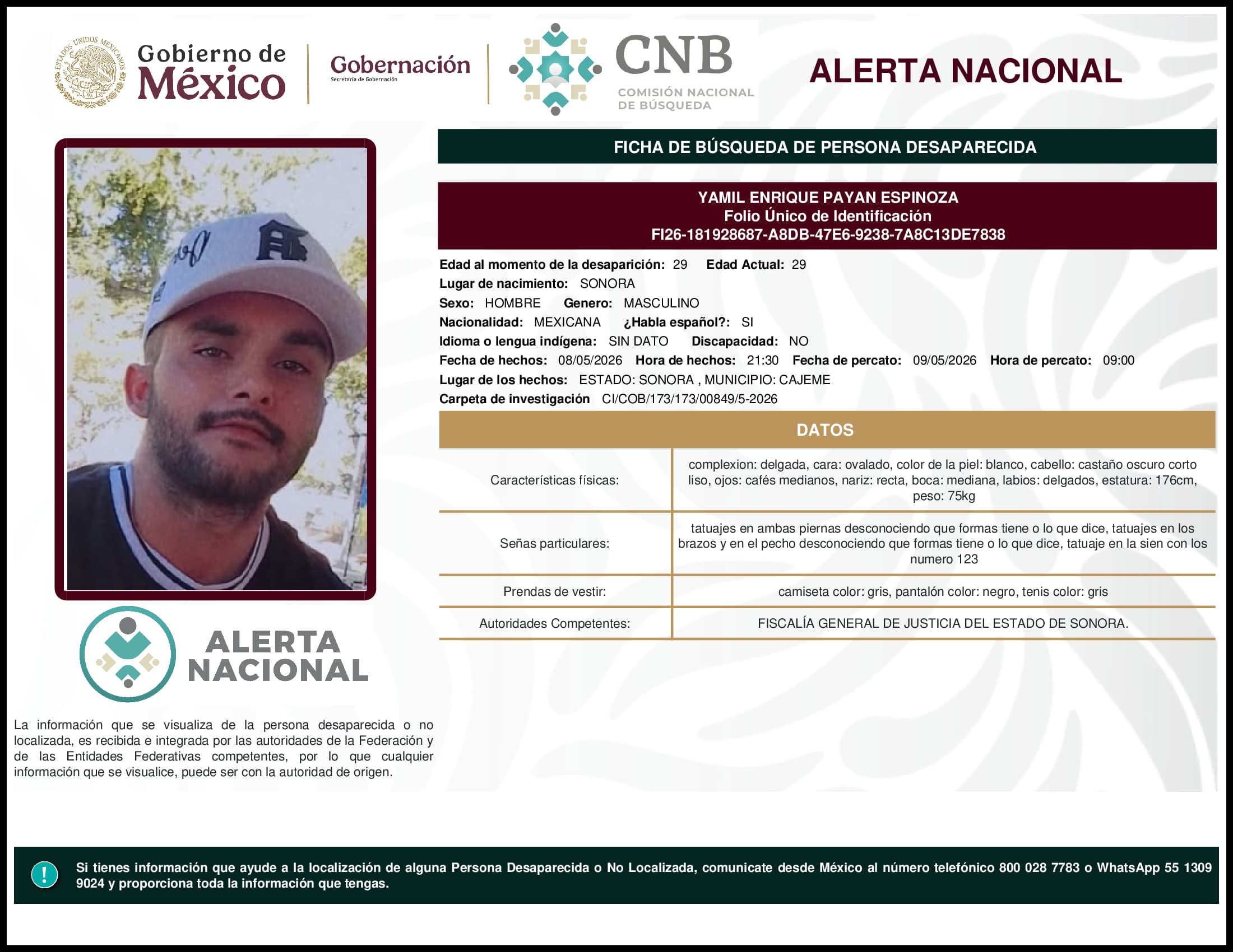 Persona desaparecida Yamil Enrique Payan Espinoza