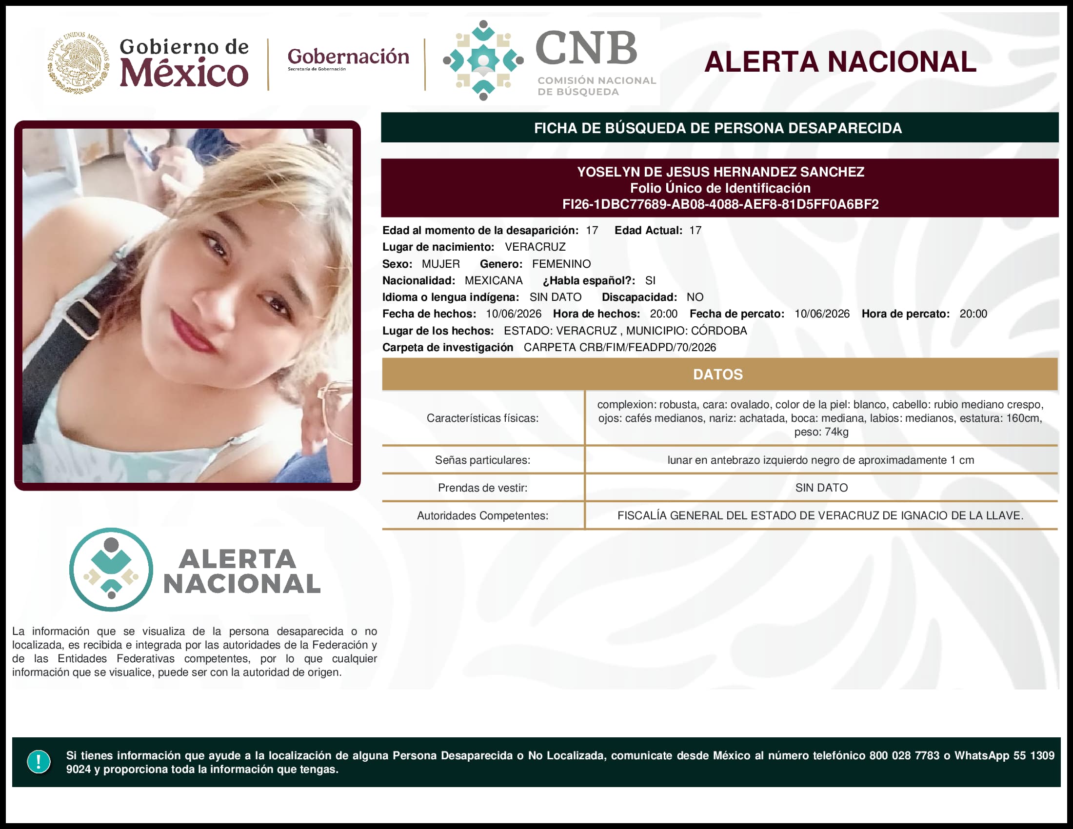Persona desaparecida Yoselyn De Jesus Hernandez Sanchez