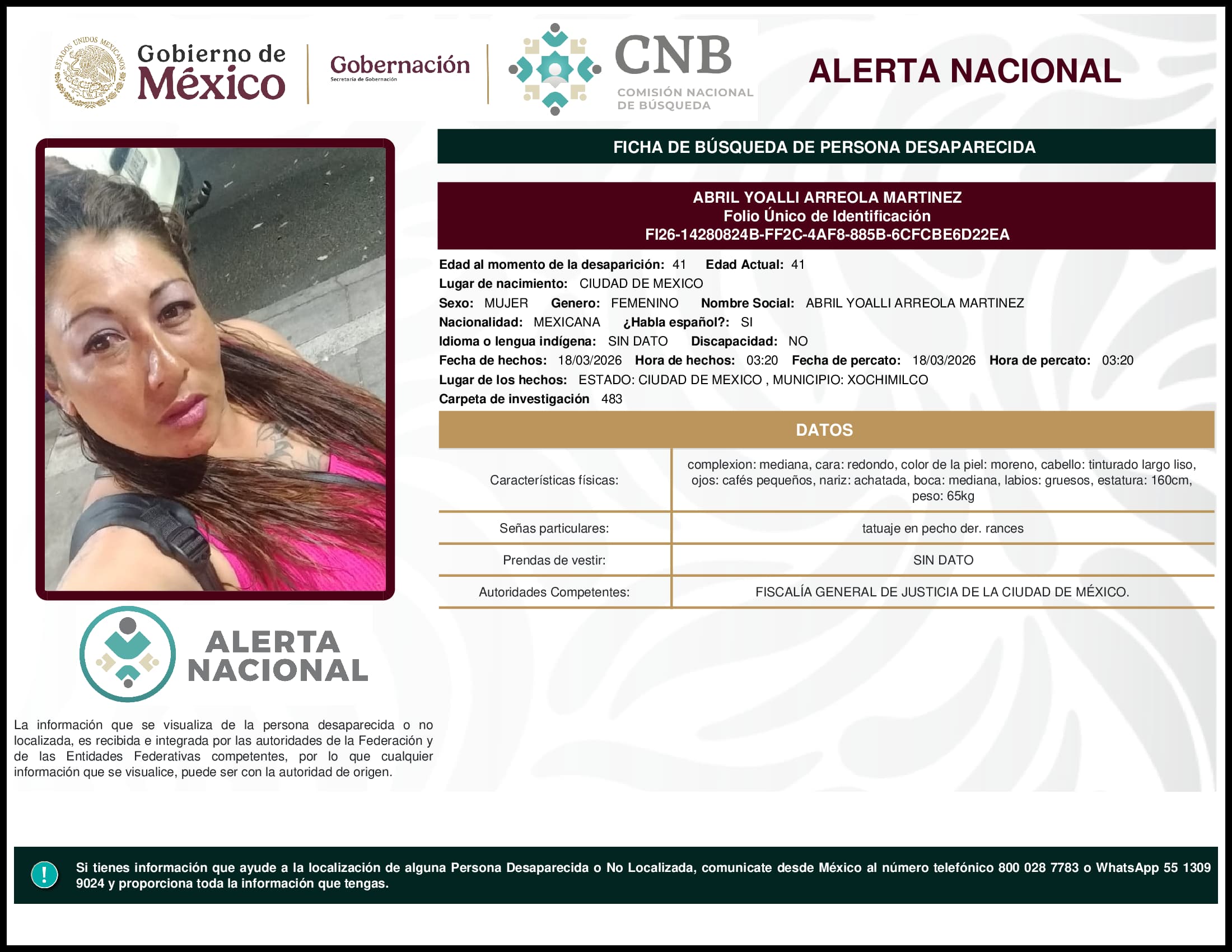 Persona desaparecida Abril Yoalli Arreola Martinez