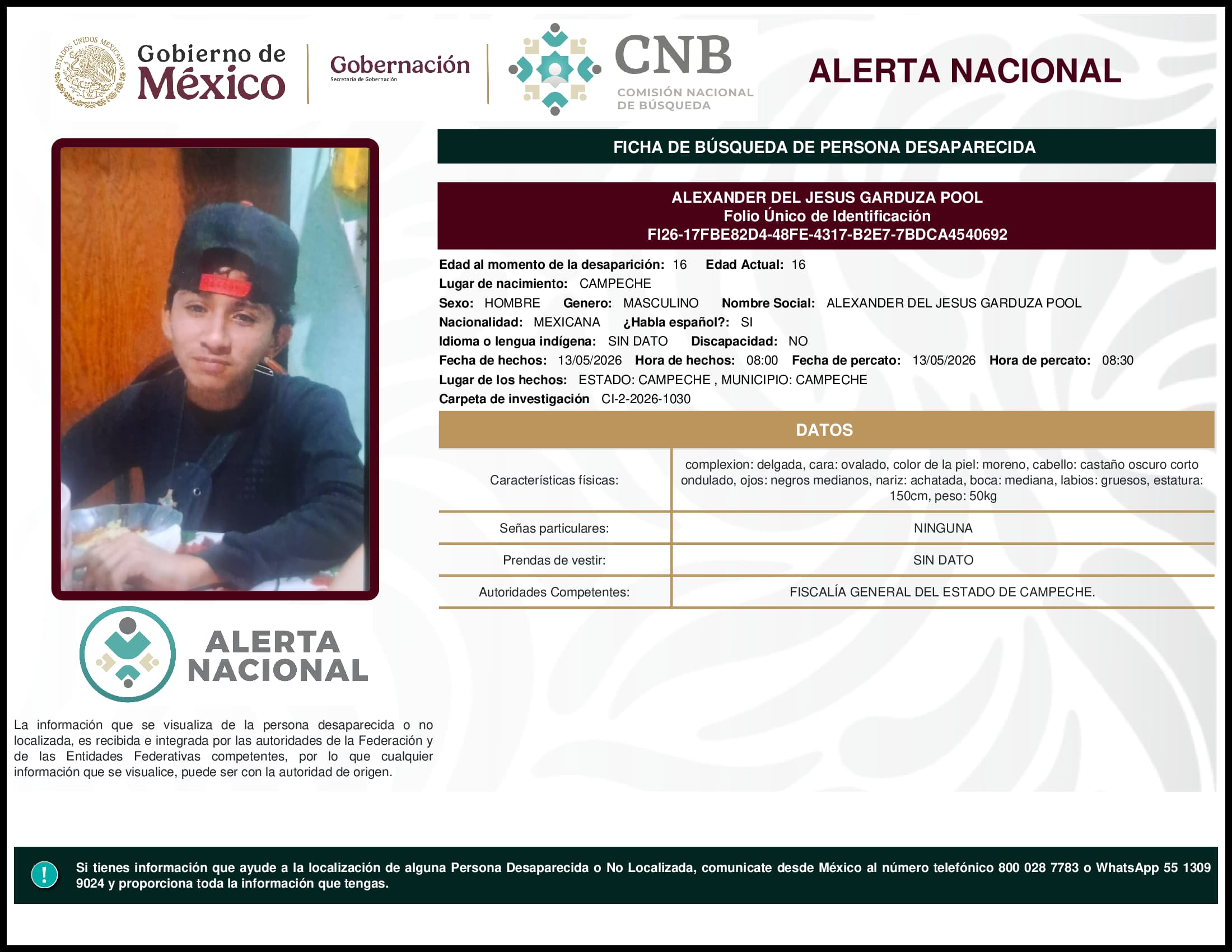 Persona desaparecida Alexander Del Jesus Garduza Pool