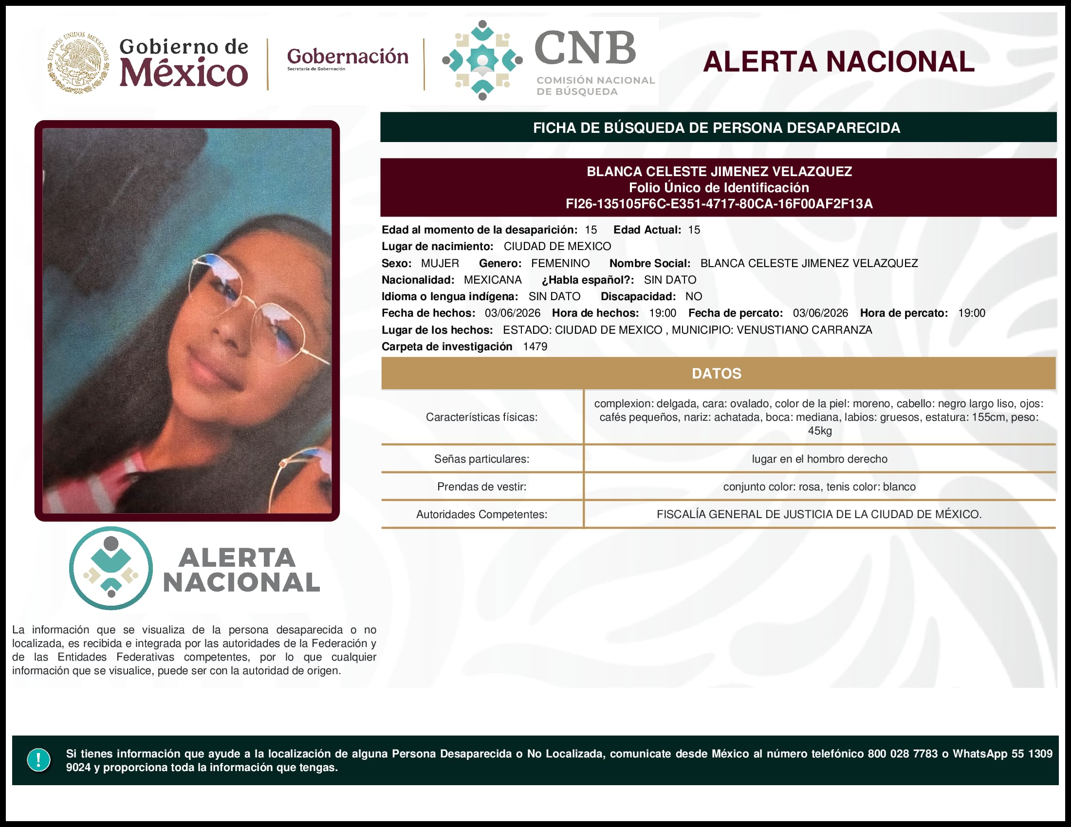 Persona desaparecida Blanca Celeste Jimenez Velazquez