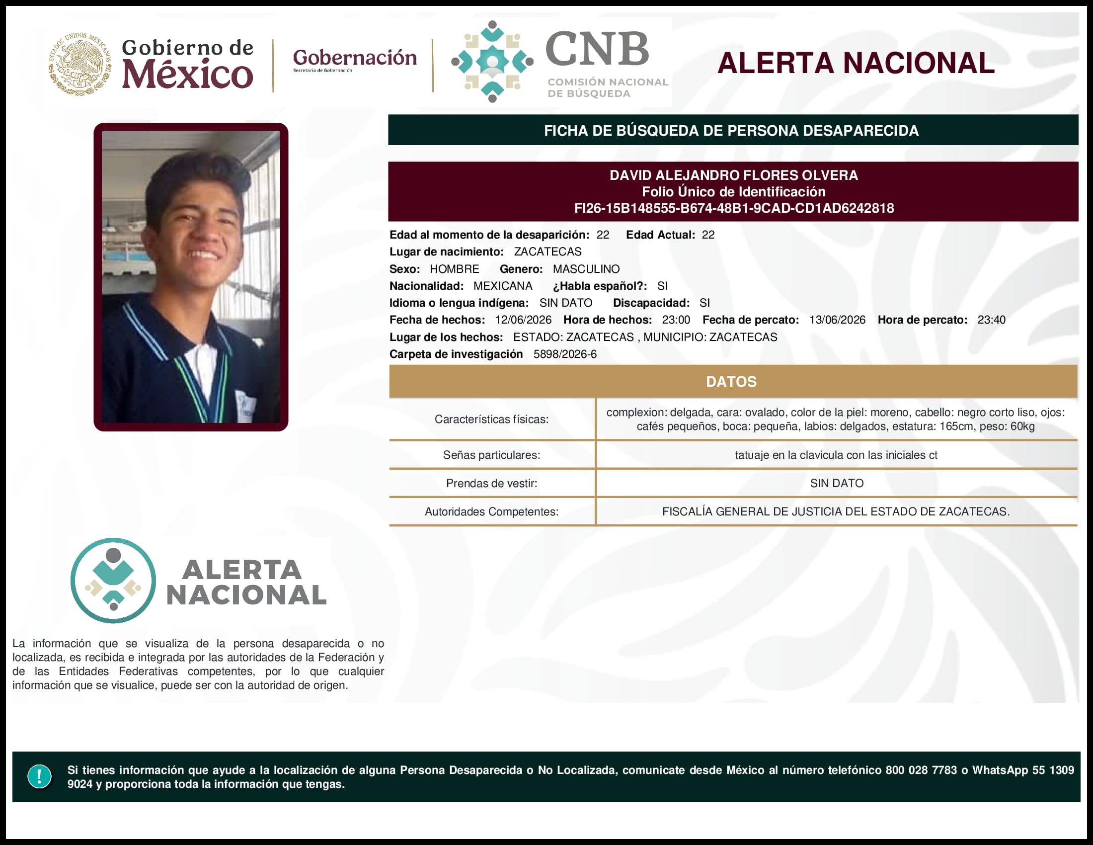Persona desaparecida David Alejandro Flores Olvera
