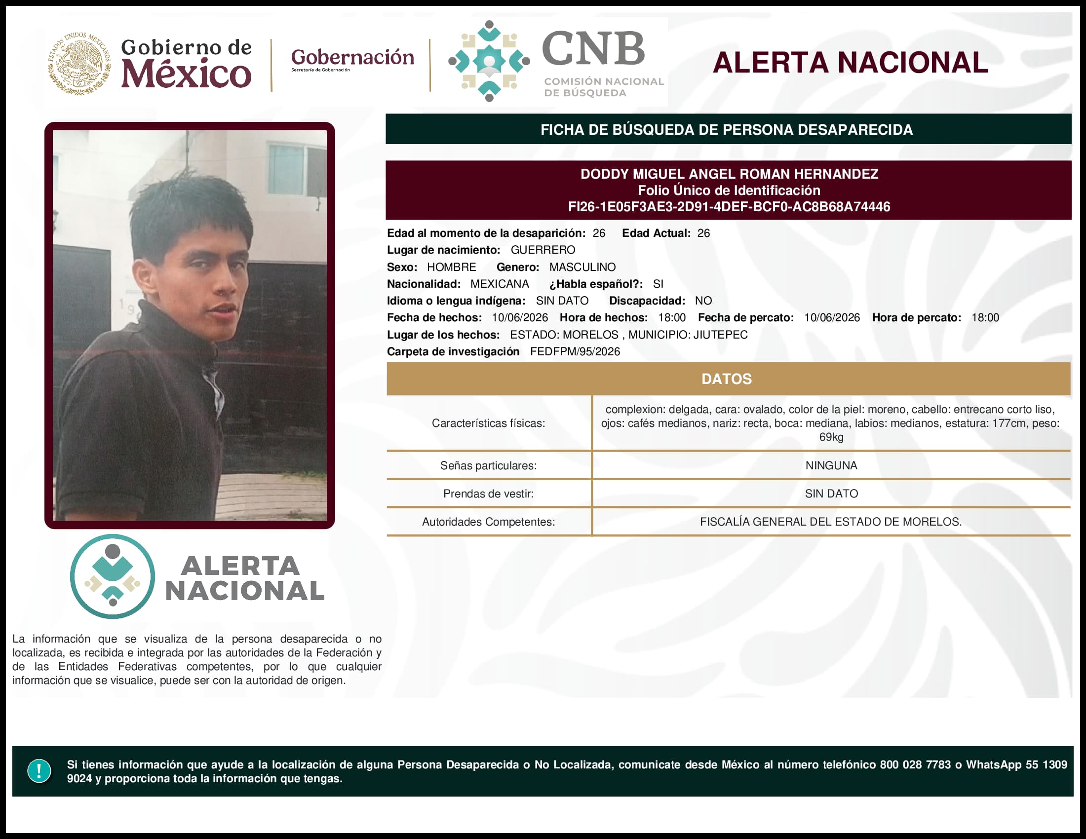 Persona desaparecida Doddy Miguel Angel Roman Hernandez