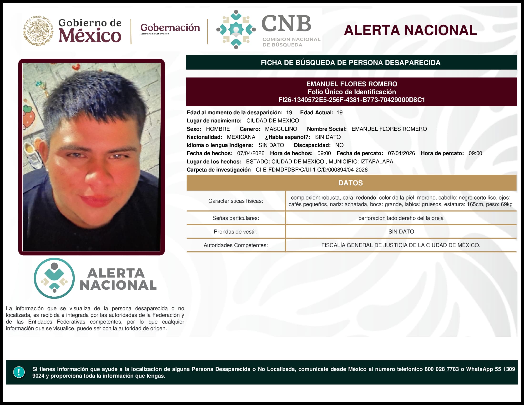 Persona desaparecida Emanuel Flores Romero