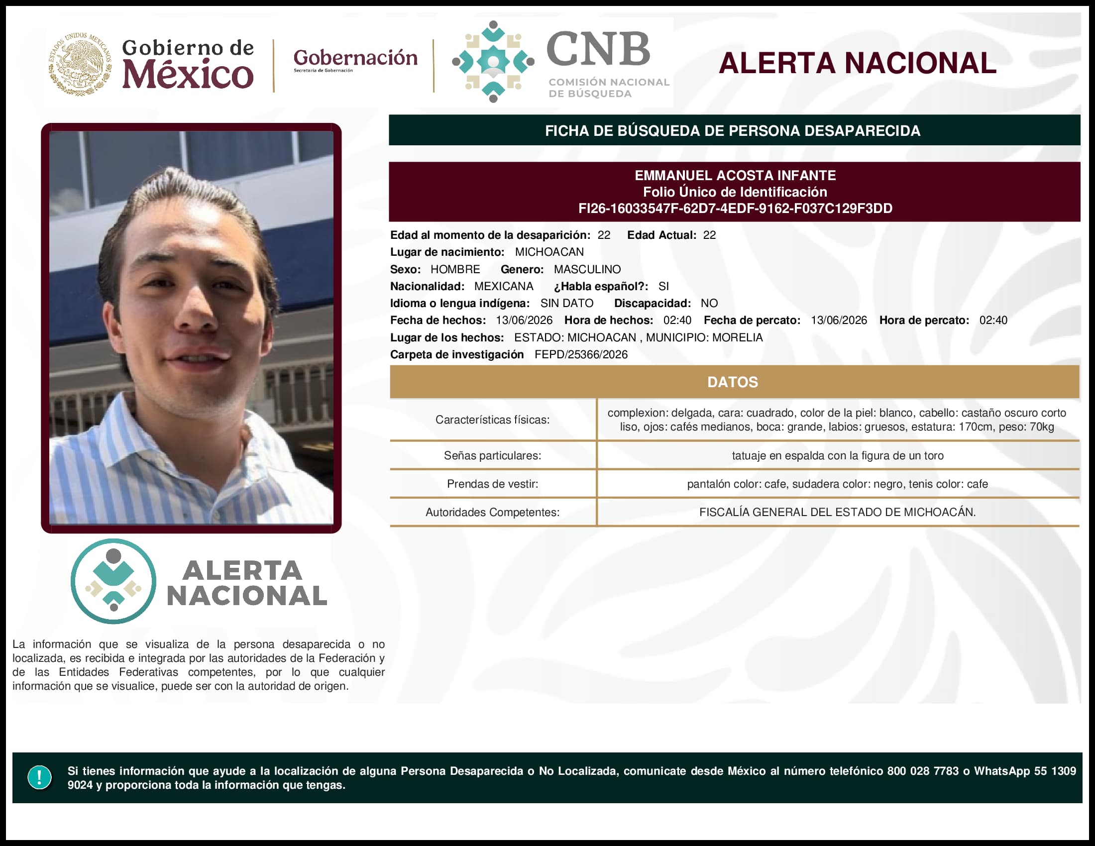 Persona desaparecida Emmanuel Acosta Infante