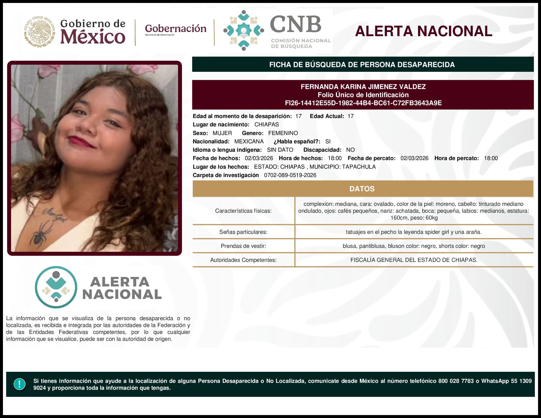 Persona desaparecida Fernanda Karina Jimenez Valdez
