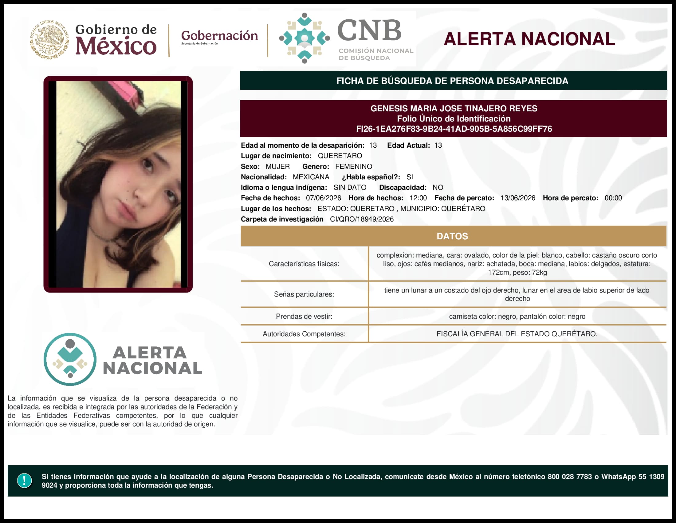 Persona desaparecida Genesis Maria Jose Tinajero Reyes