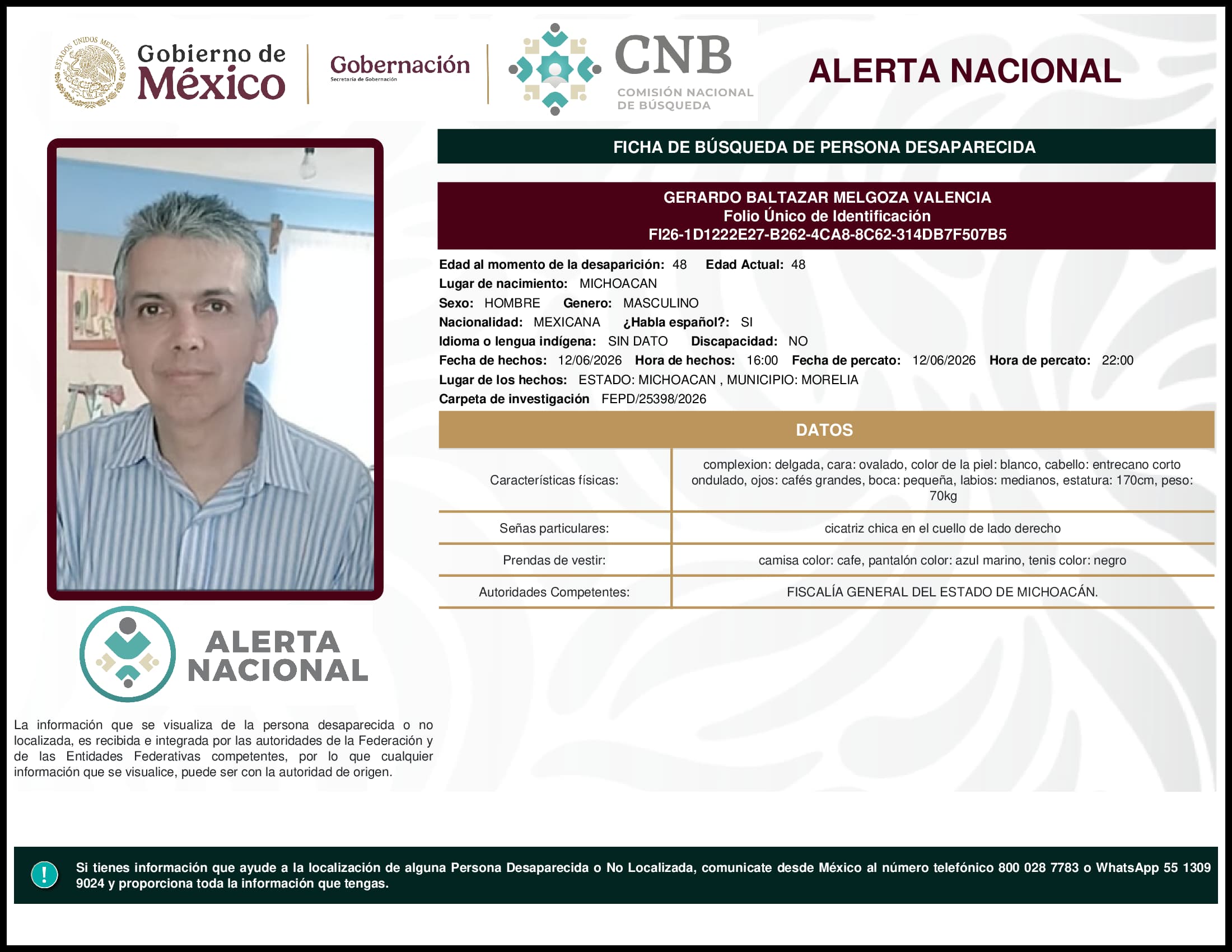 Persona desaparecida Gerardo Baltazar Melgoza Valencia