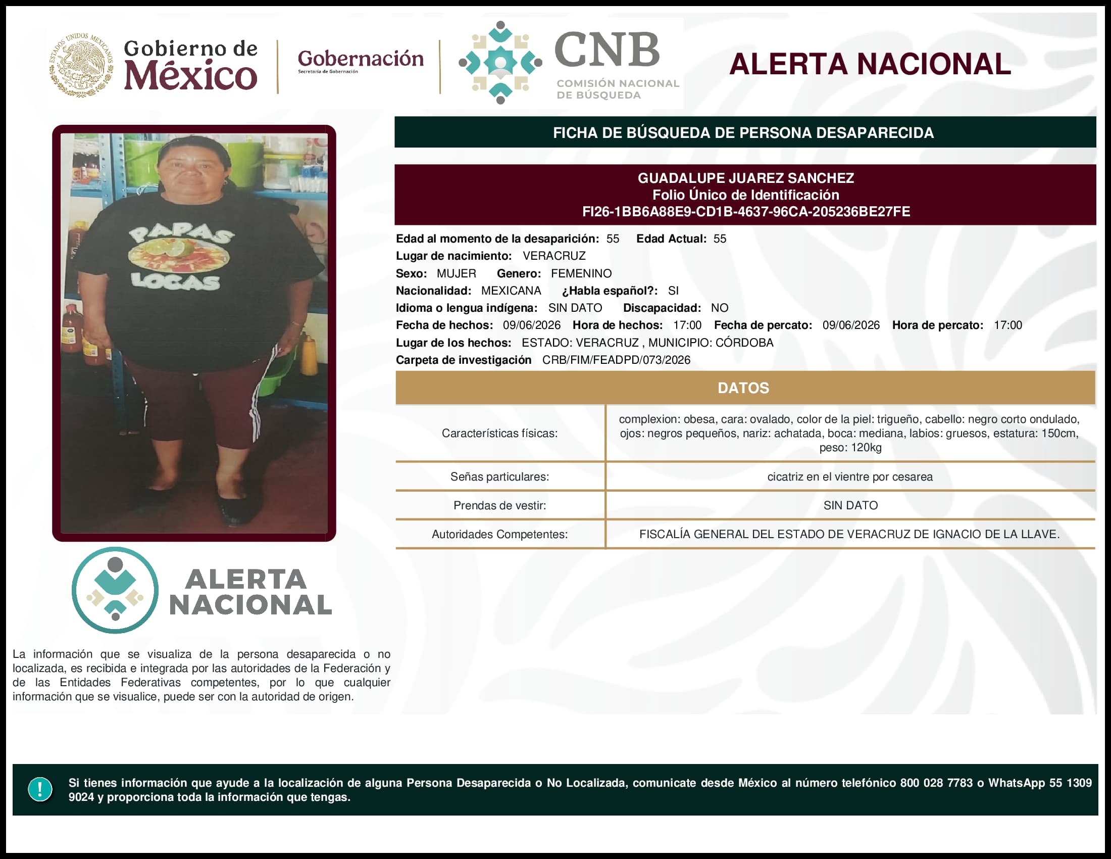 Persona desaparecida Guadalupe Juarez Sanchez